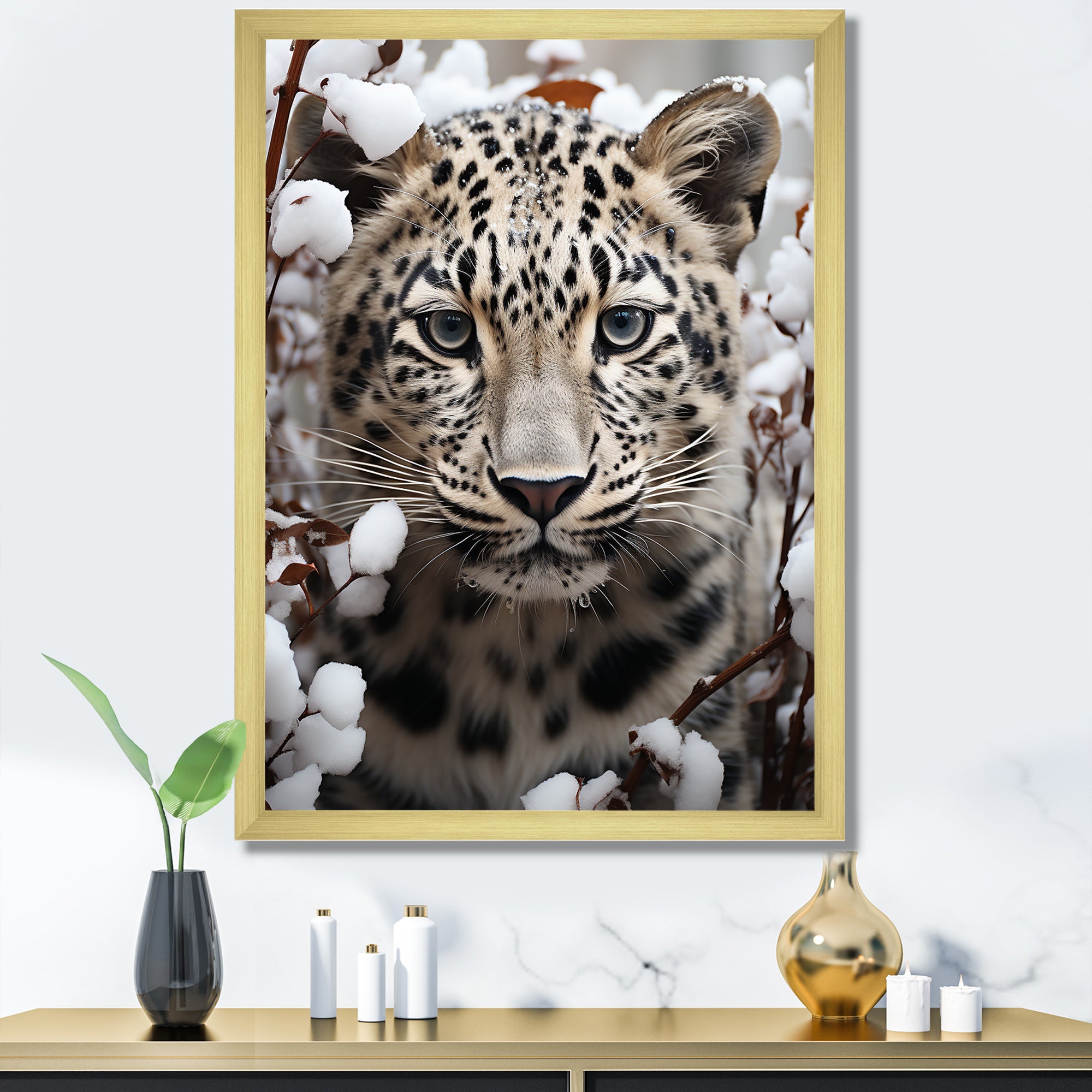 Subdued Majesty Leopard Snow Charm - Leopard Living Room Wall Art