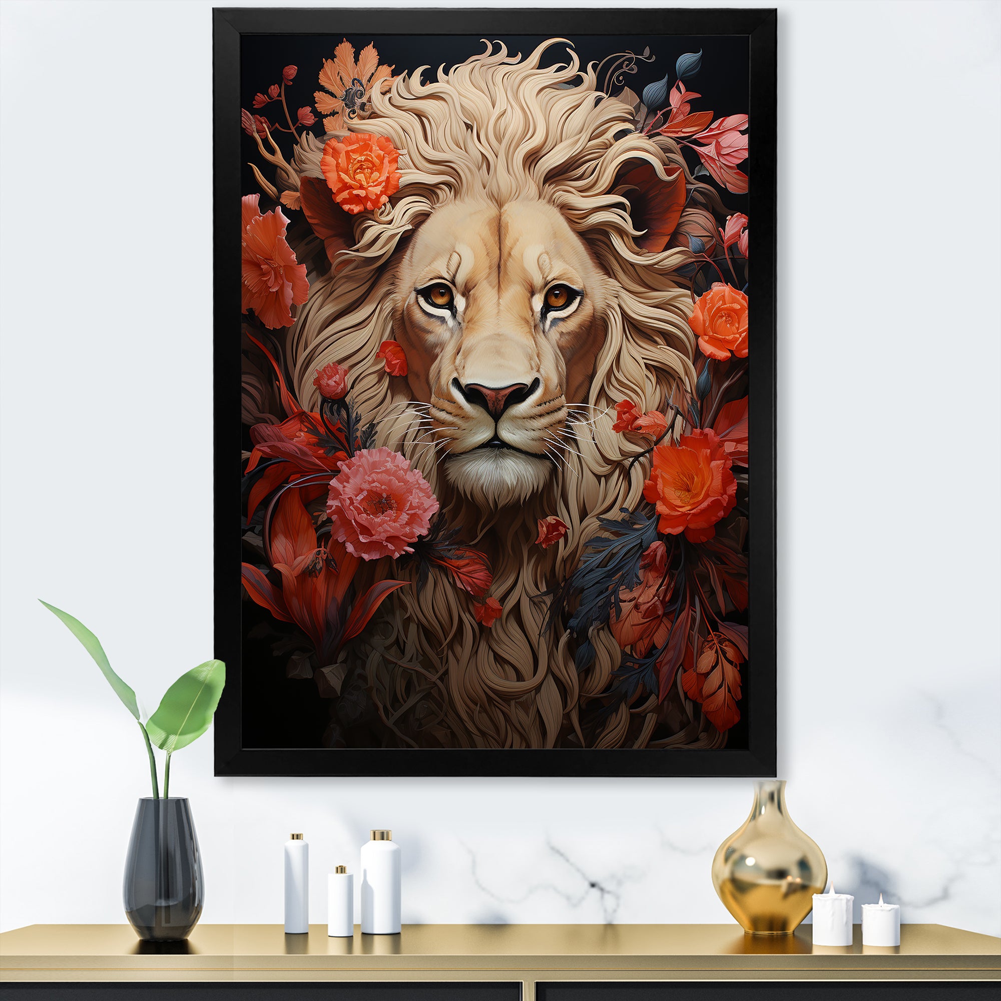 Fierce Guardian Blooming Lion - Lion Framed Canvas Art