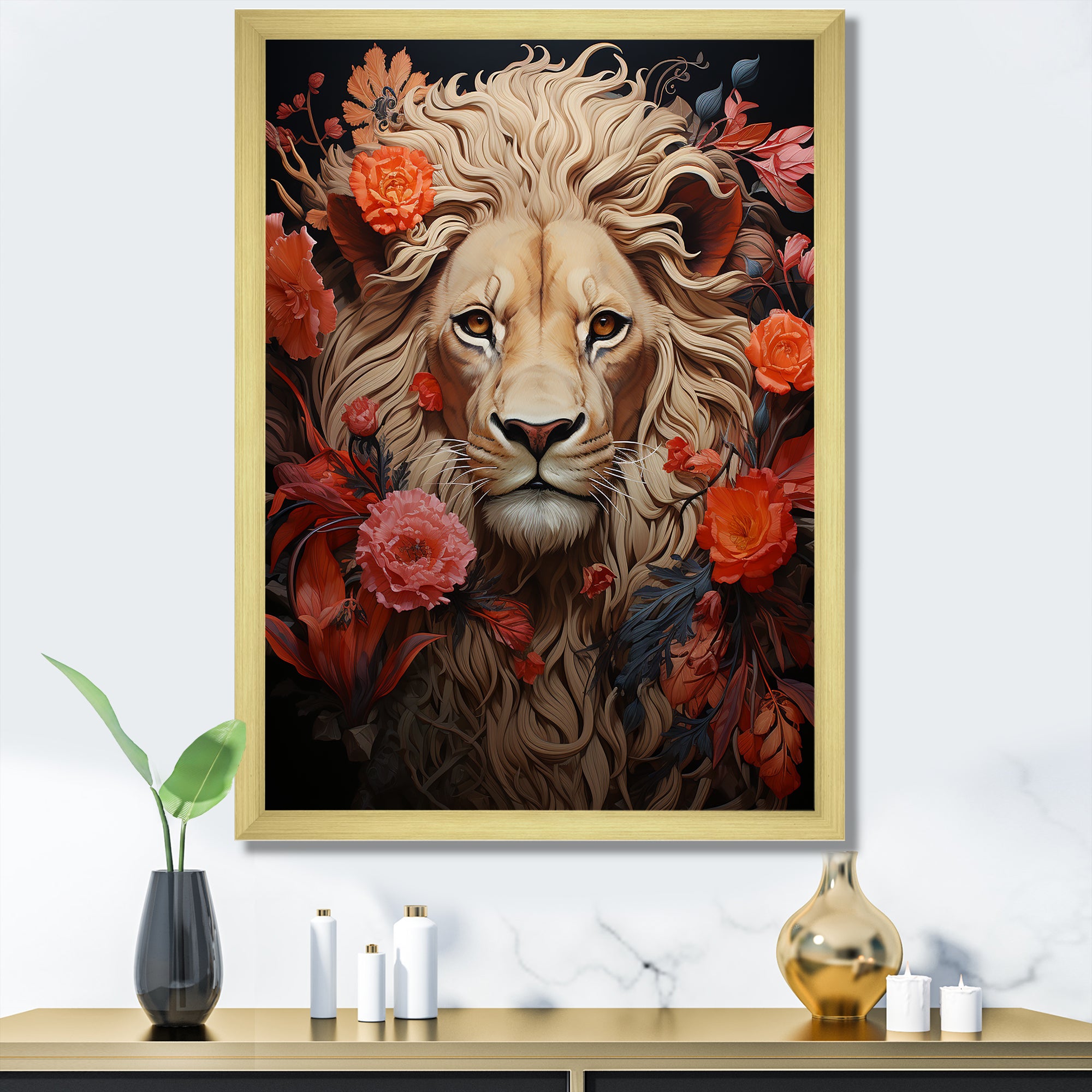 Fierce Guardian Blooming Lion - Lion Framed Canvas Art