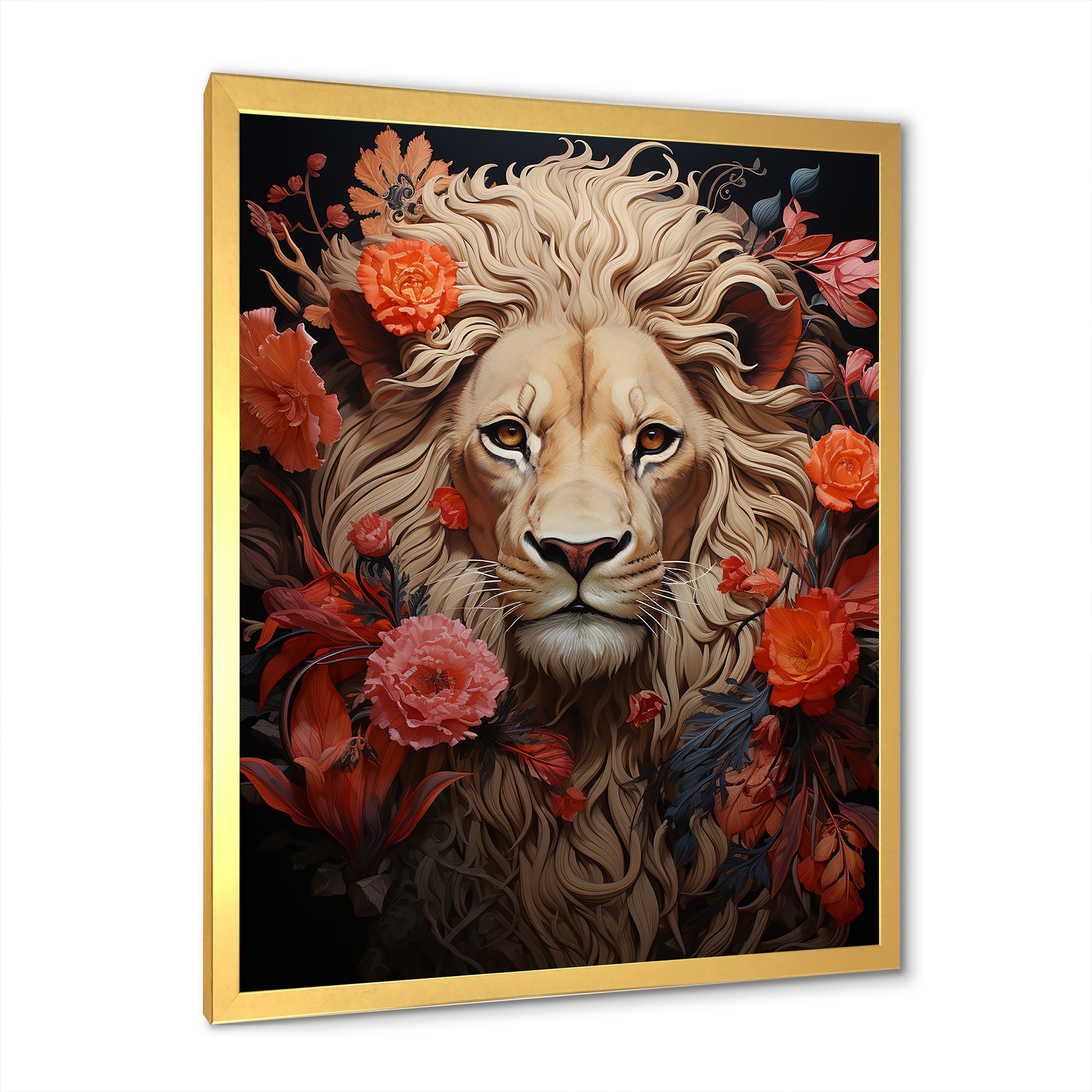 Fierce Guardian Blooming Lion - Lion Framed Canvas Art