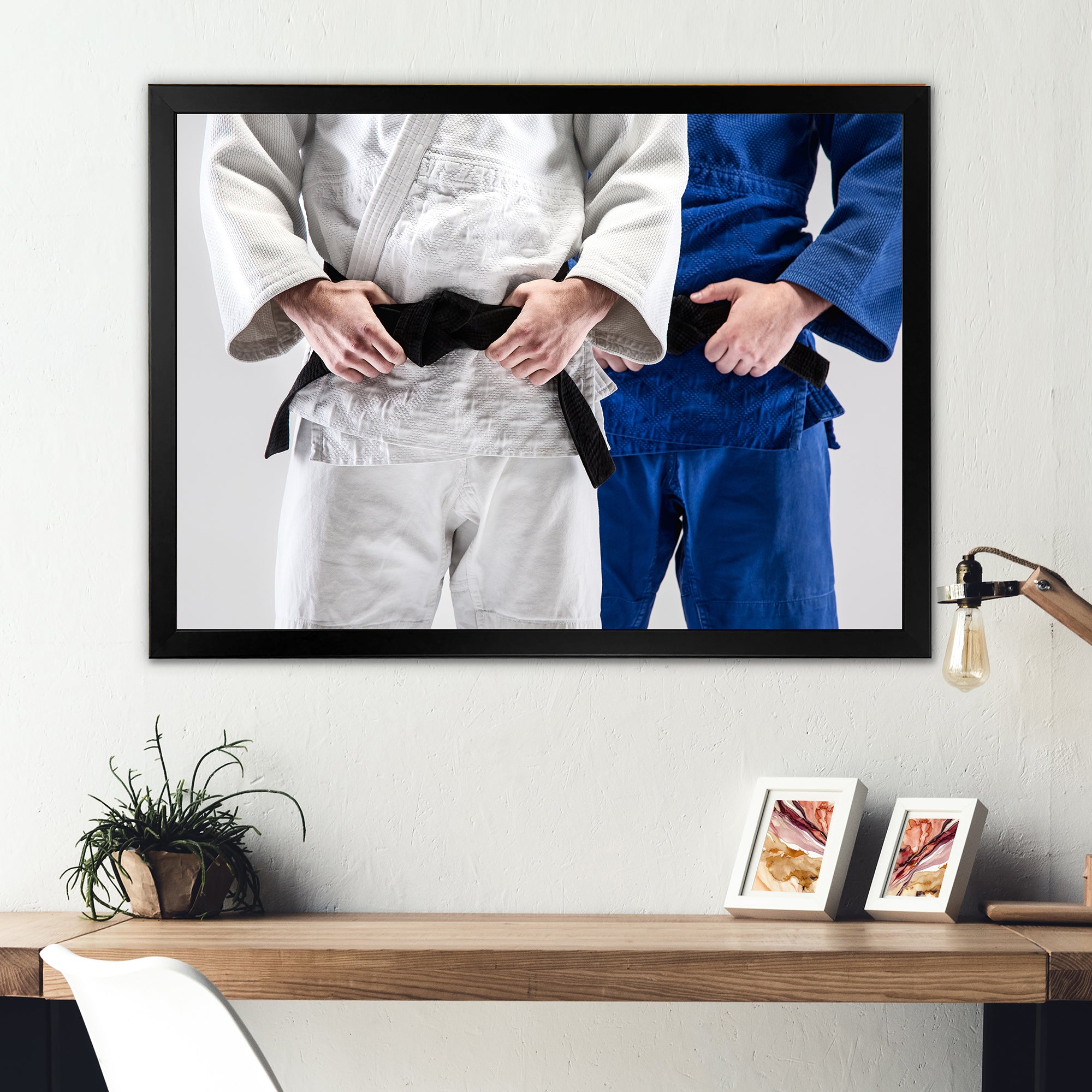 Fighting Judokas Fight Pose Black Belts. - Martial Arts Canvas Wall Art