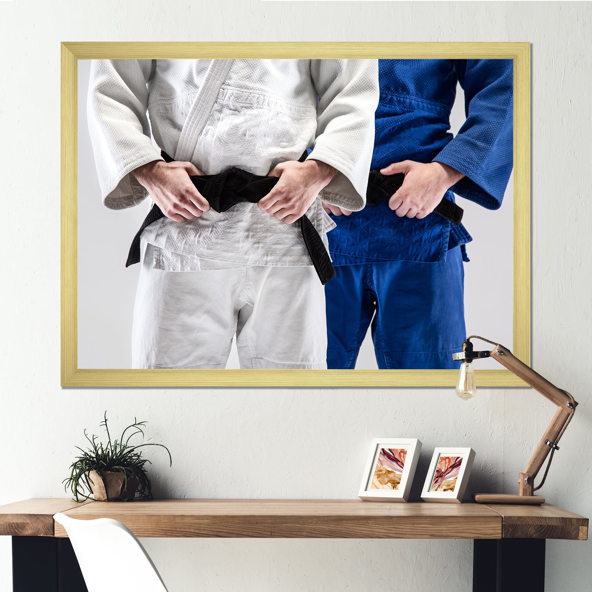 Fighting Judokas Fight Pose Black Belts. - Martial Arts Canvas Wall Art
