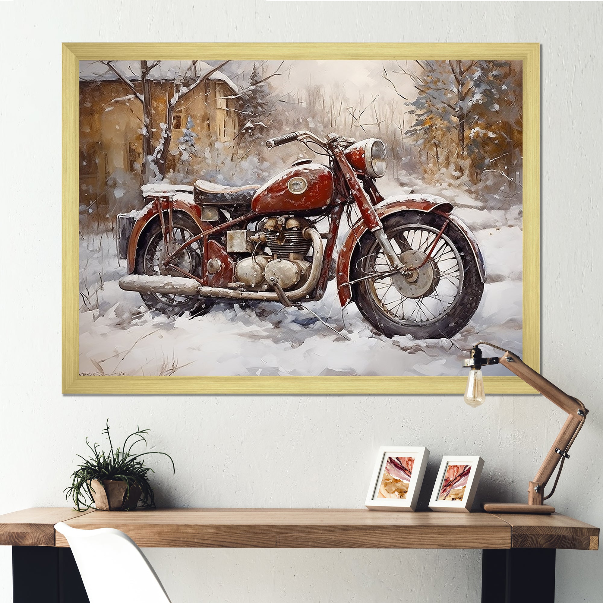 Red Rustic Bike In Winter - Motorcycle Canvas Wall Art
