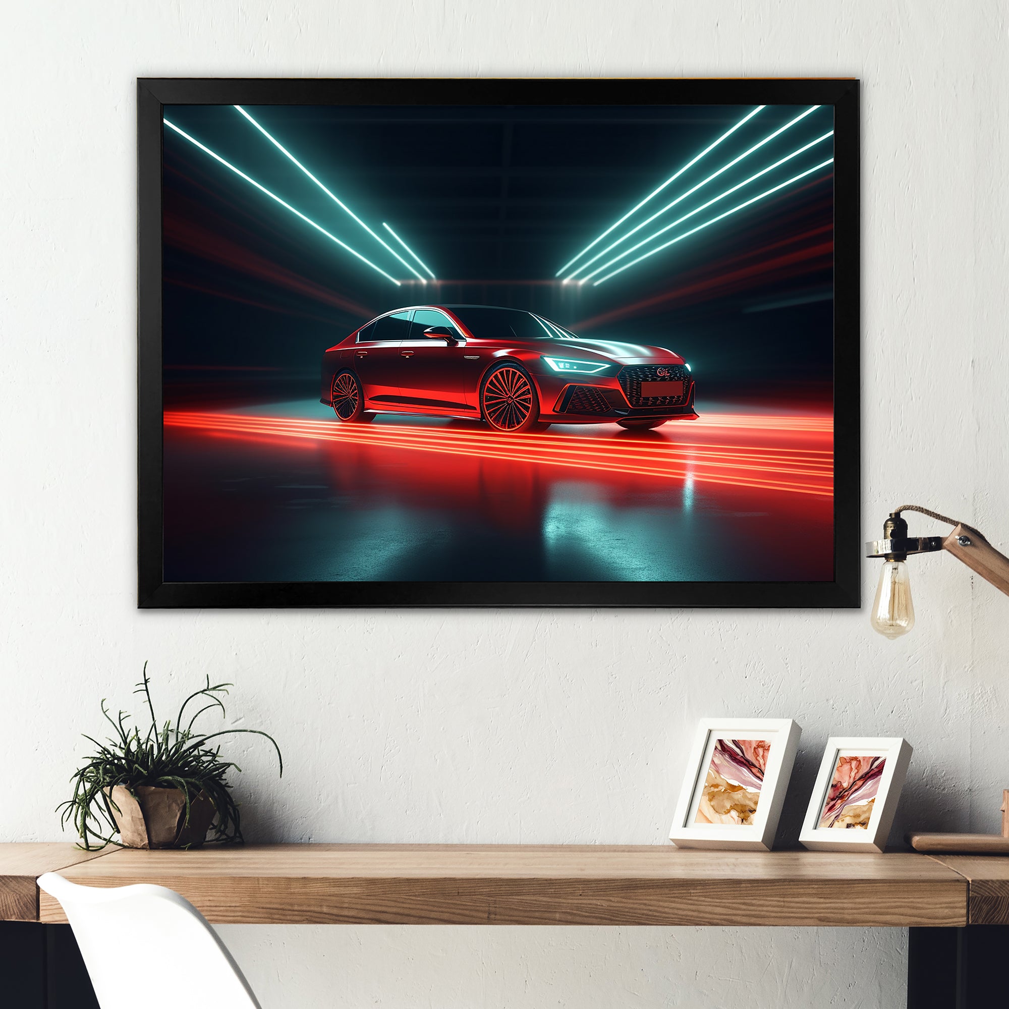 Neon Light Strips Around Red Sedan - Car/Van Canvas Wall Art