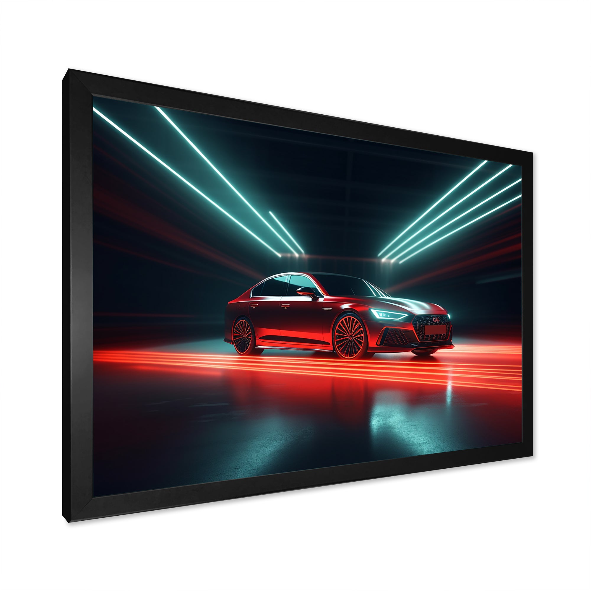 Neon Light Strips Around Red Sedan - Car/Van Canvas Wall Art