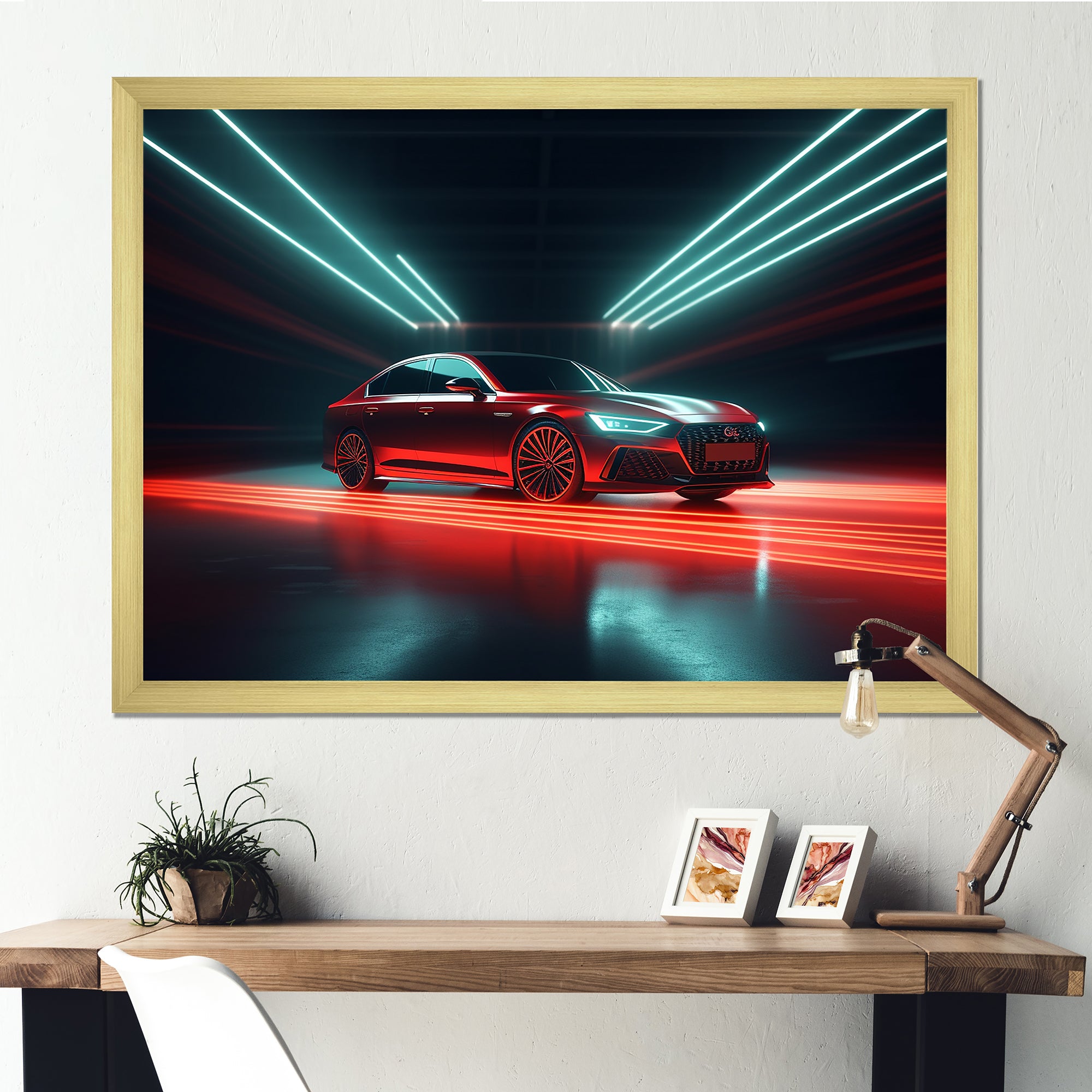 Neon Light Strips Around Red Sedan - Car/Van Canvas Wall Art