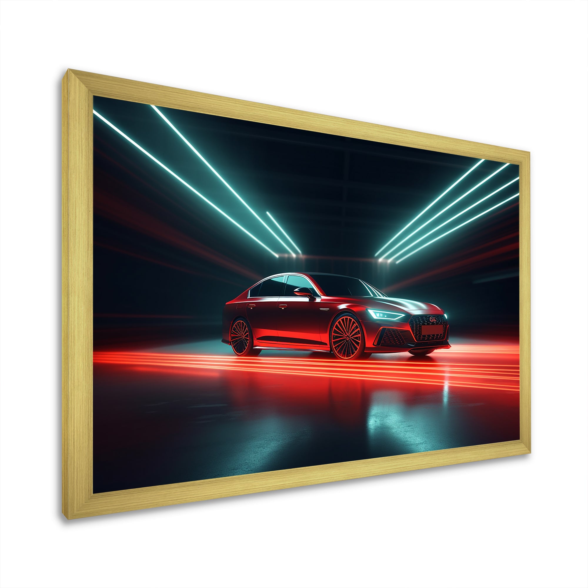 Neon Light Strips Around Red Sedan - Car/Van Canvas Wall Art