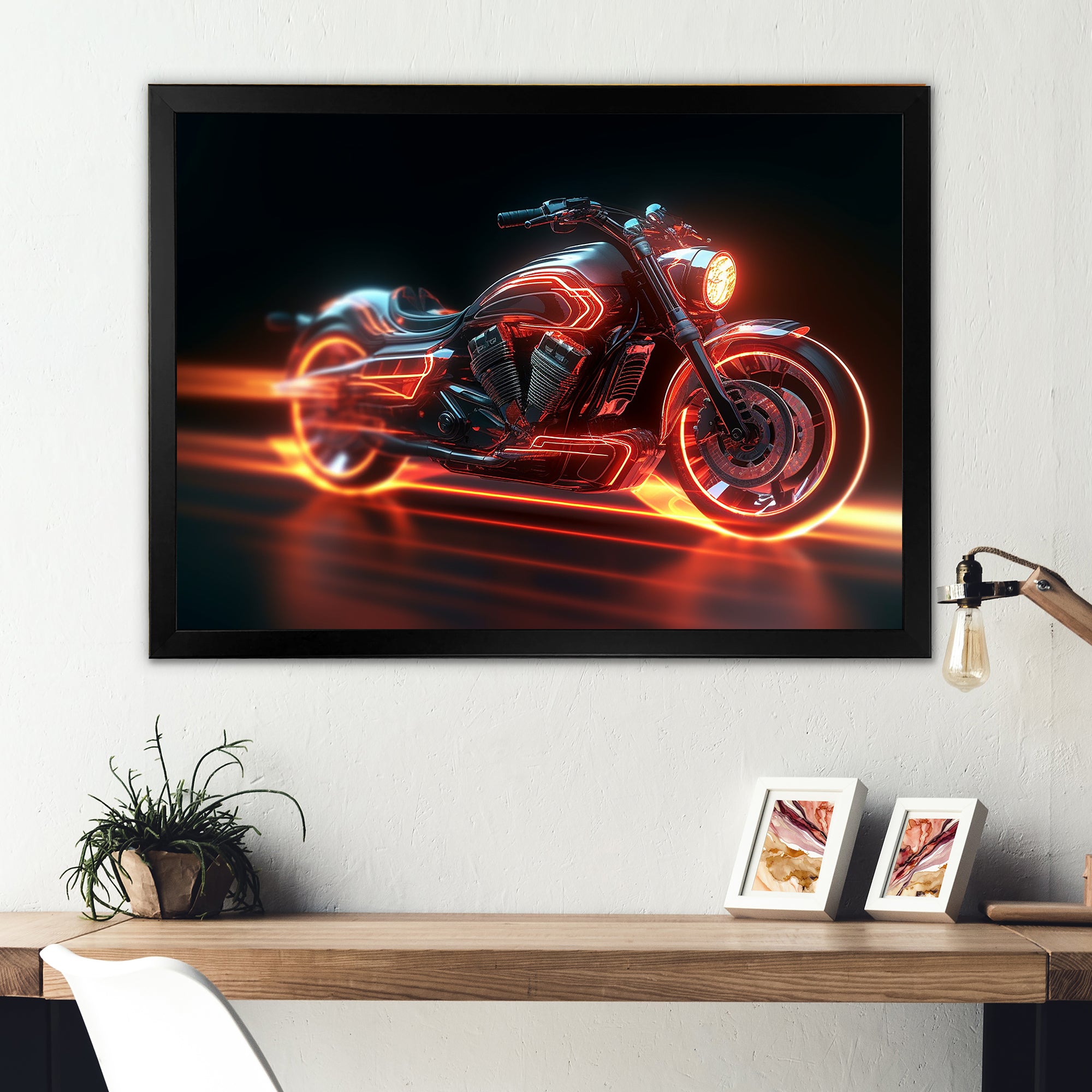 Neon Light Strips Around Silver Motorcycle - Car/Van Canvas Wall Art