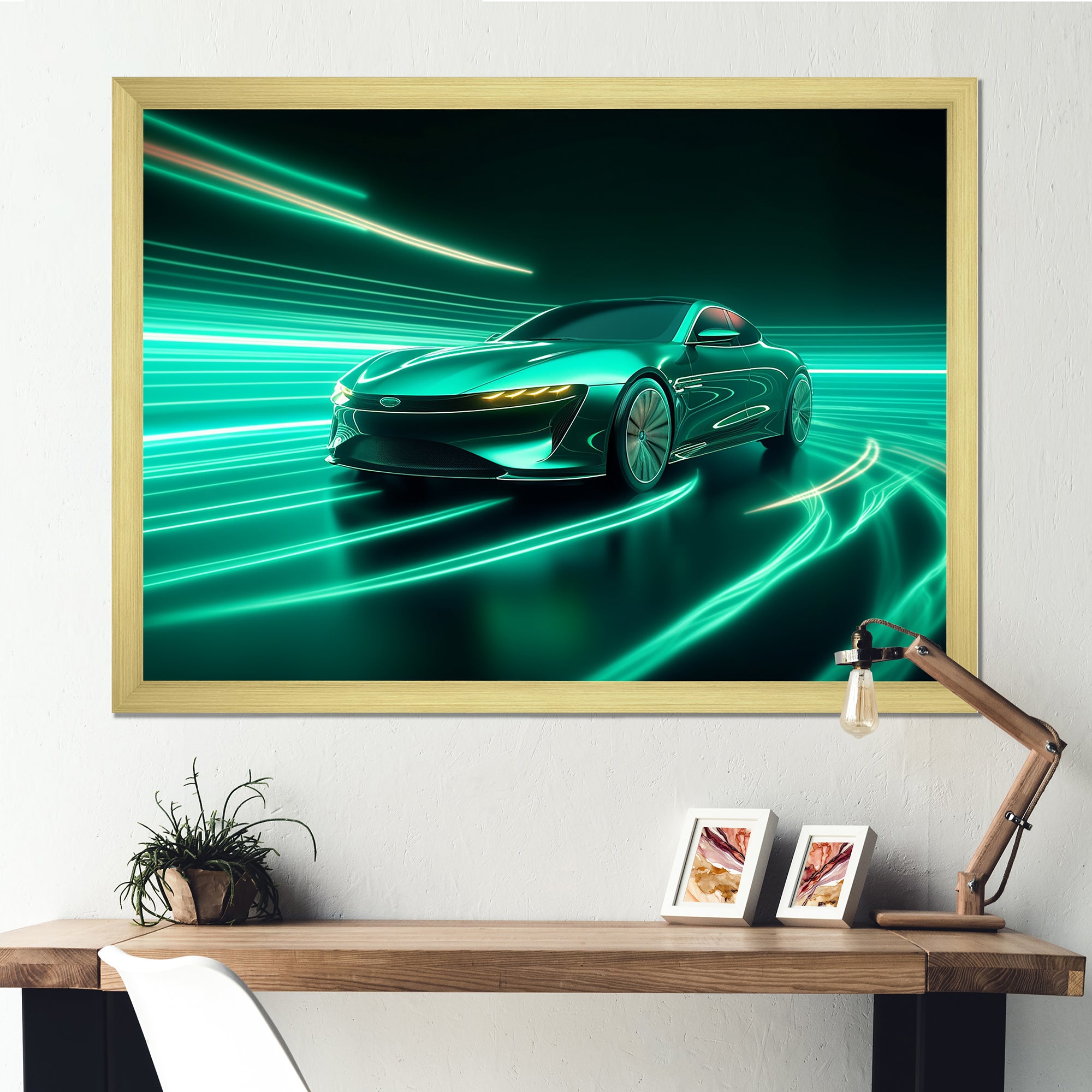 Neon Light Strips Teal Hybrid Car - Car Exotic Canvas Wall Art