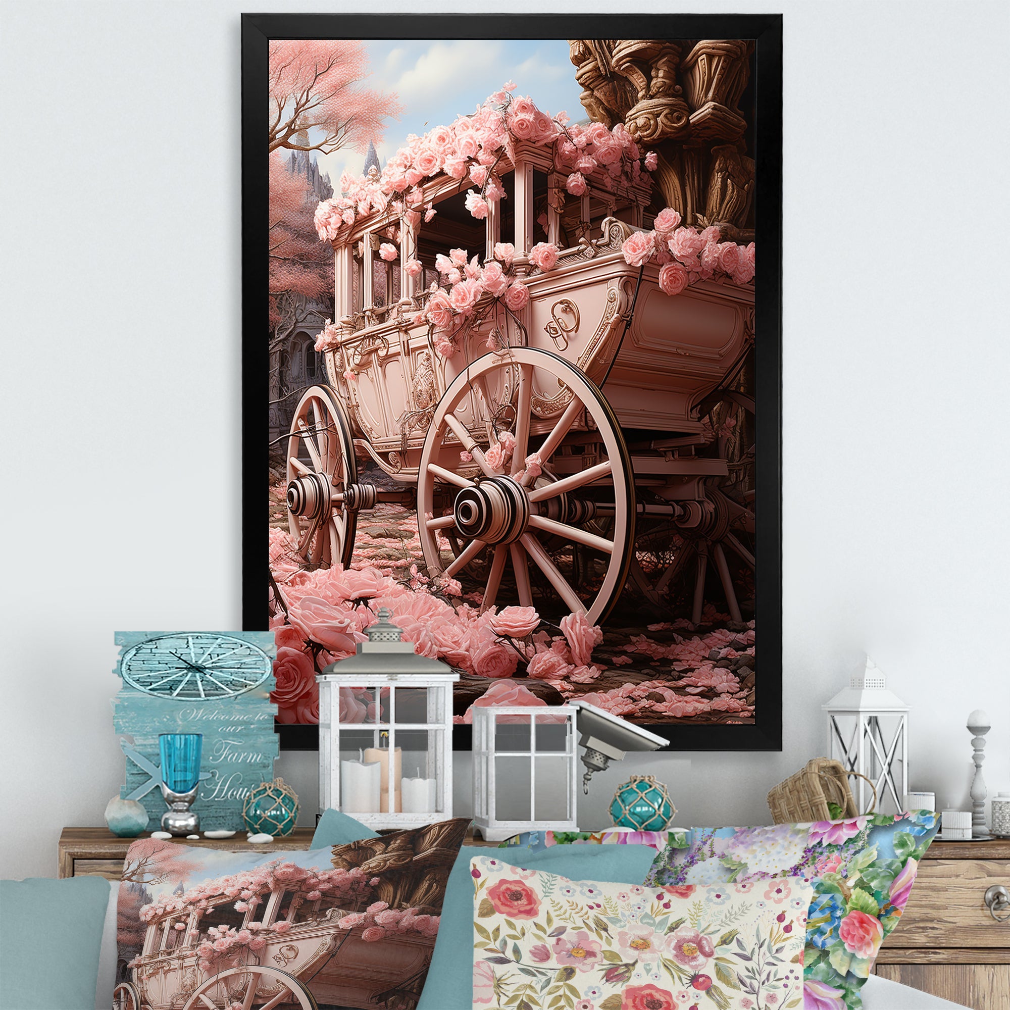 Romanticism Pink Wedding Carriage - Old American Cart Canvas Wall Art