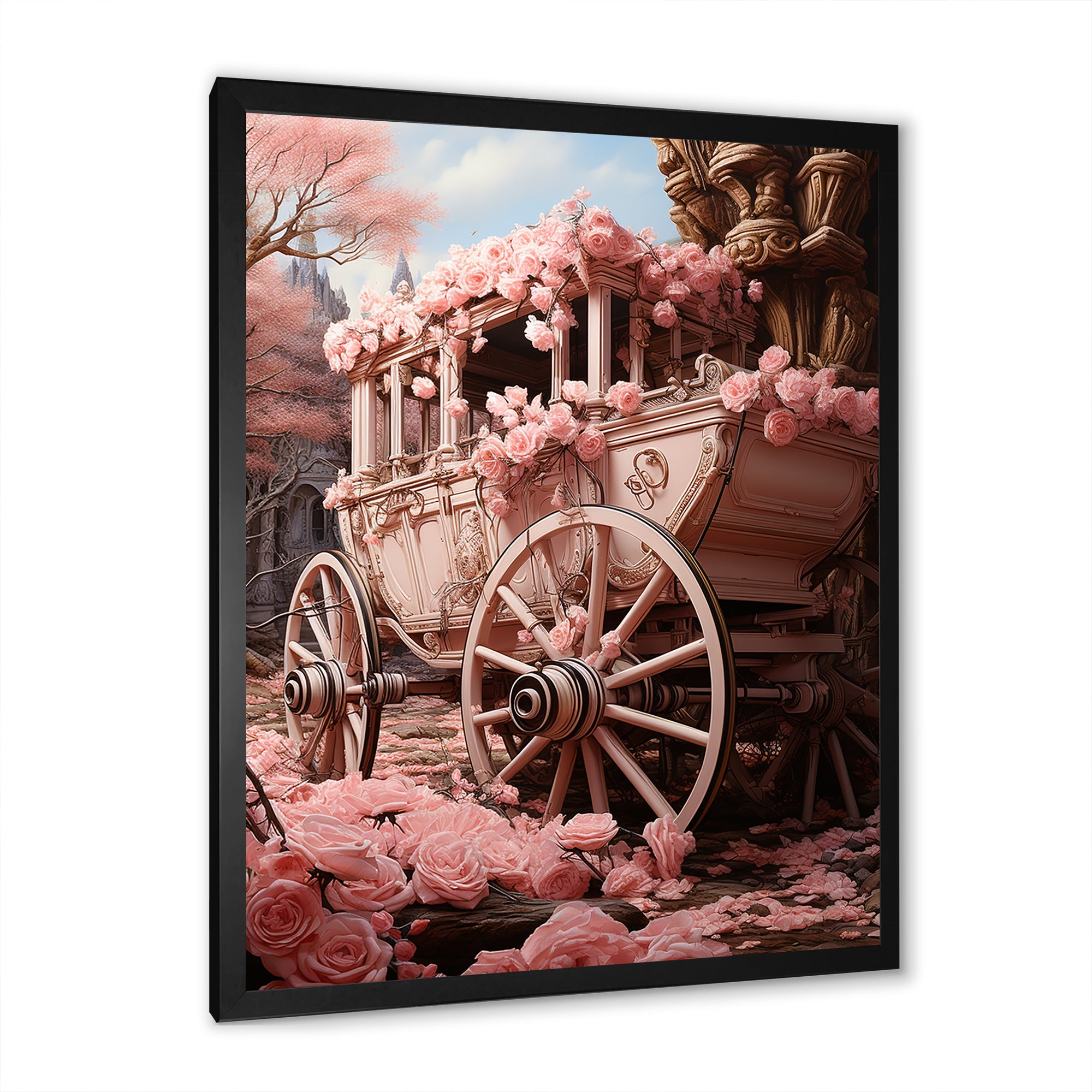Romanticism Pink Wedding Carriage - Old American Cart Canvas Wall Art