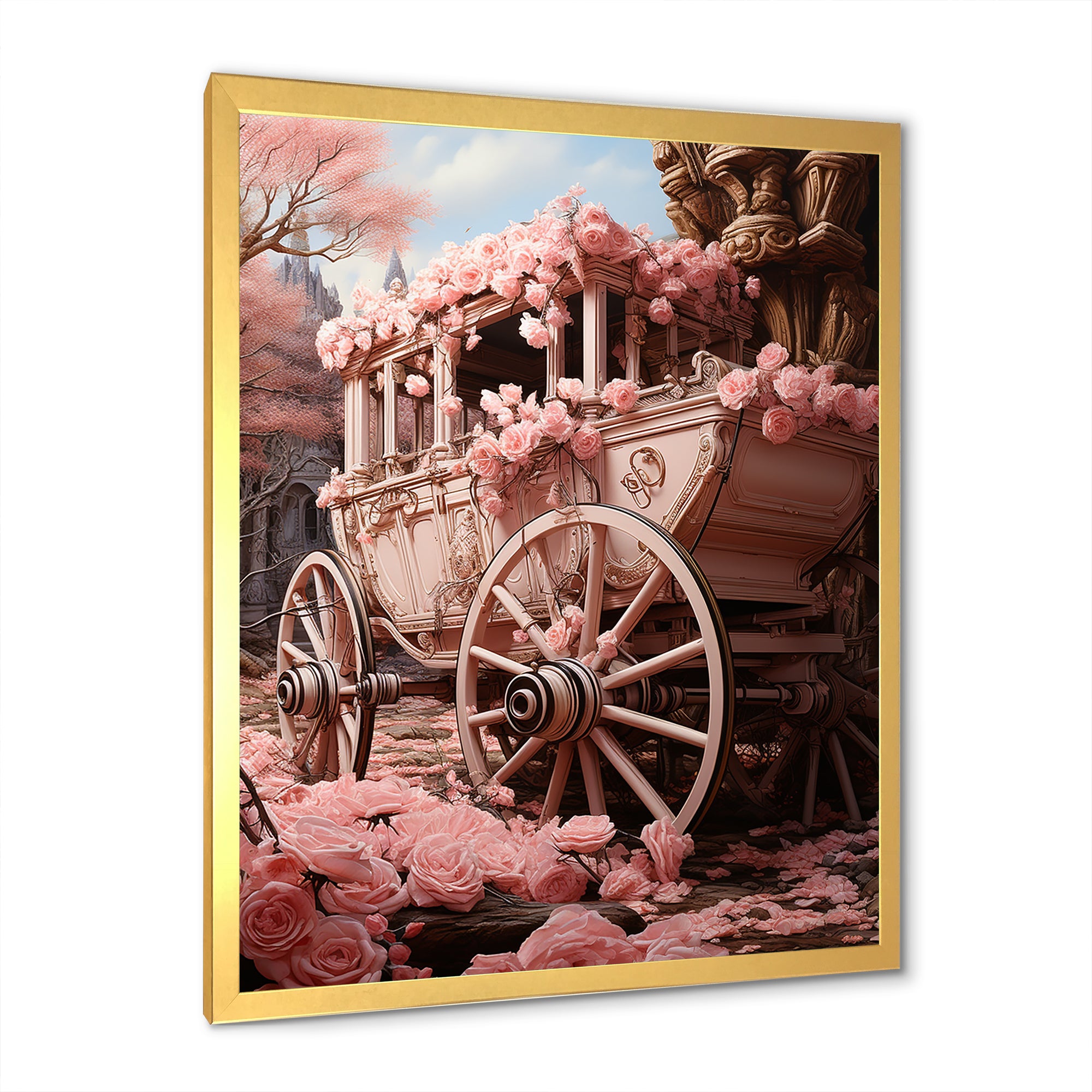 Romanticism Pink Wedding Carriage - Old American Cart Canvas Wall Art