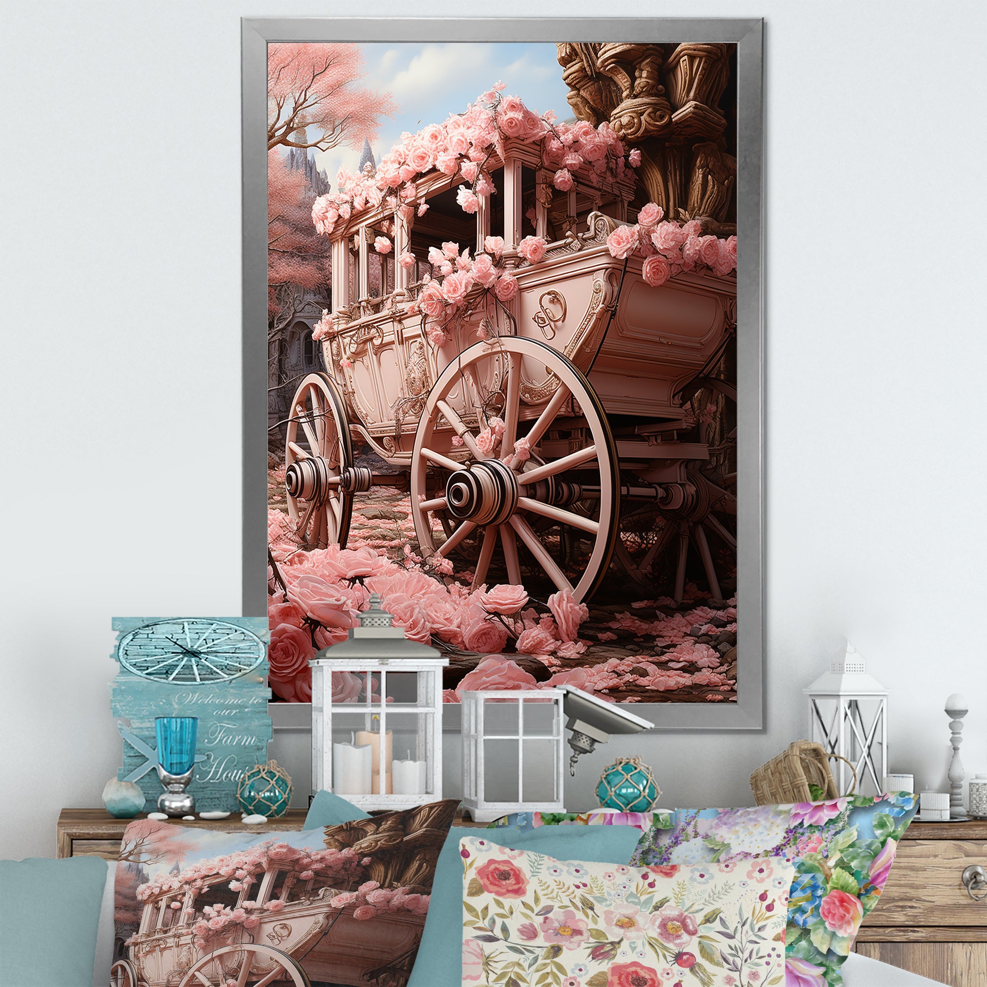 Romanticism Pink Wedding Carriage - Old American Cart Canvas Wall Art