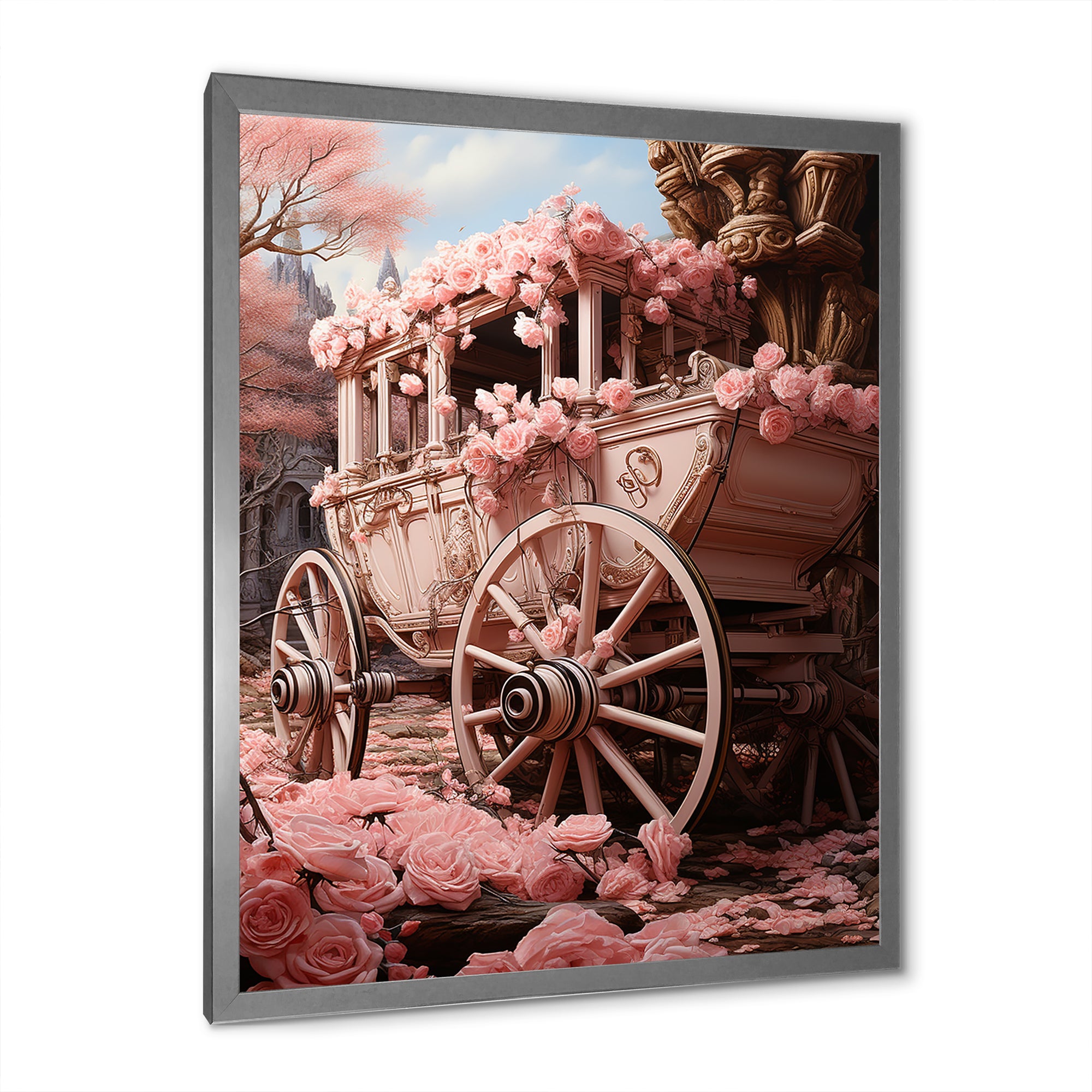 Romanticism Pink Wedding Carriage - Old American Cart Canvas Wall Art
