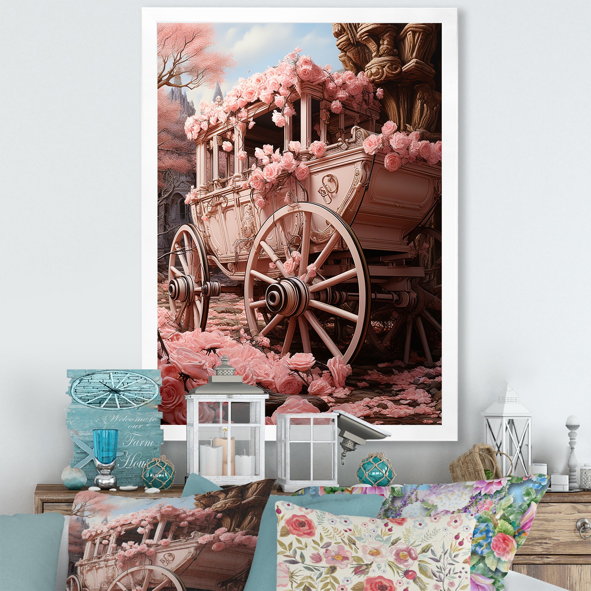 Romanticism Pink Wedding Carriage - Old American Cart Canvas Wall Art