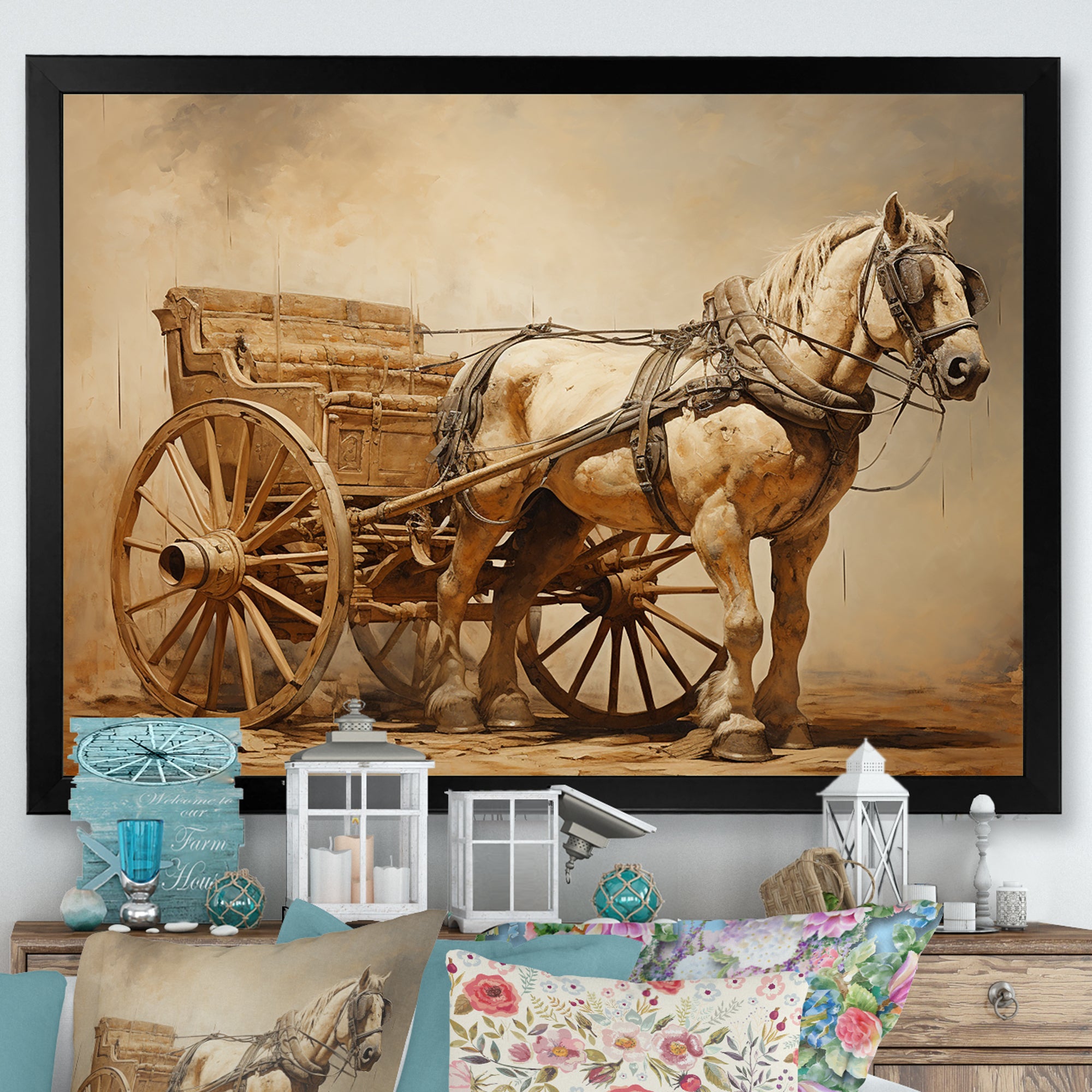 Minimalism Old American Cart With Horse - Old American Cart Canvas Wall Art