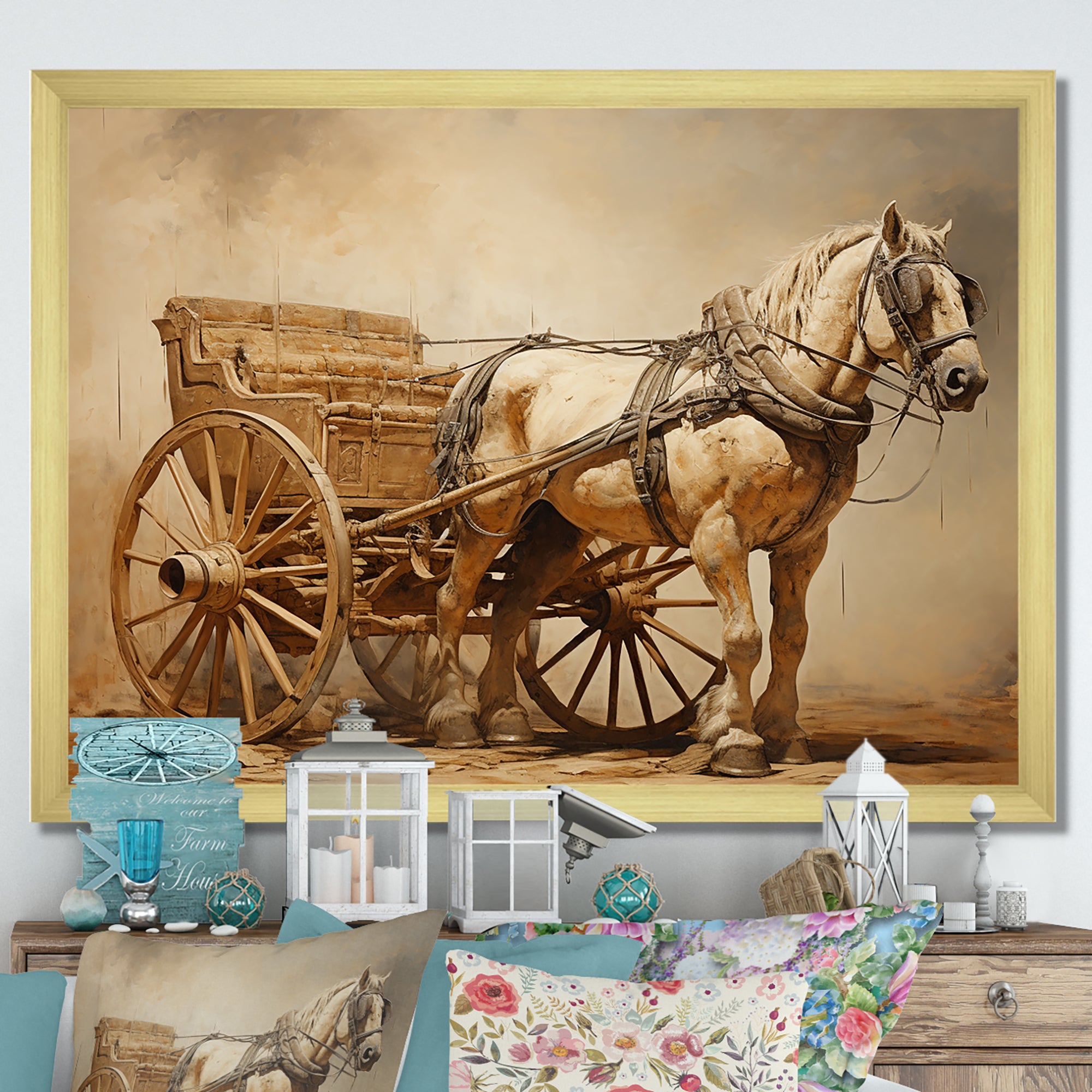 Minimalism Old American Cart With Horse - Old American Cart Canvas Wall Art
