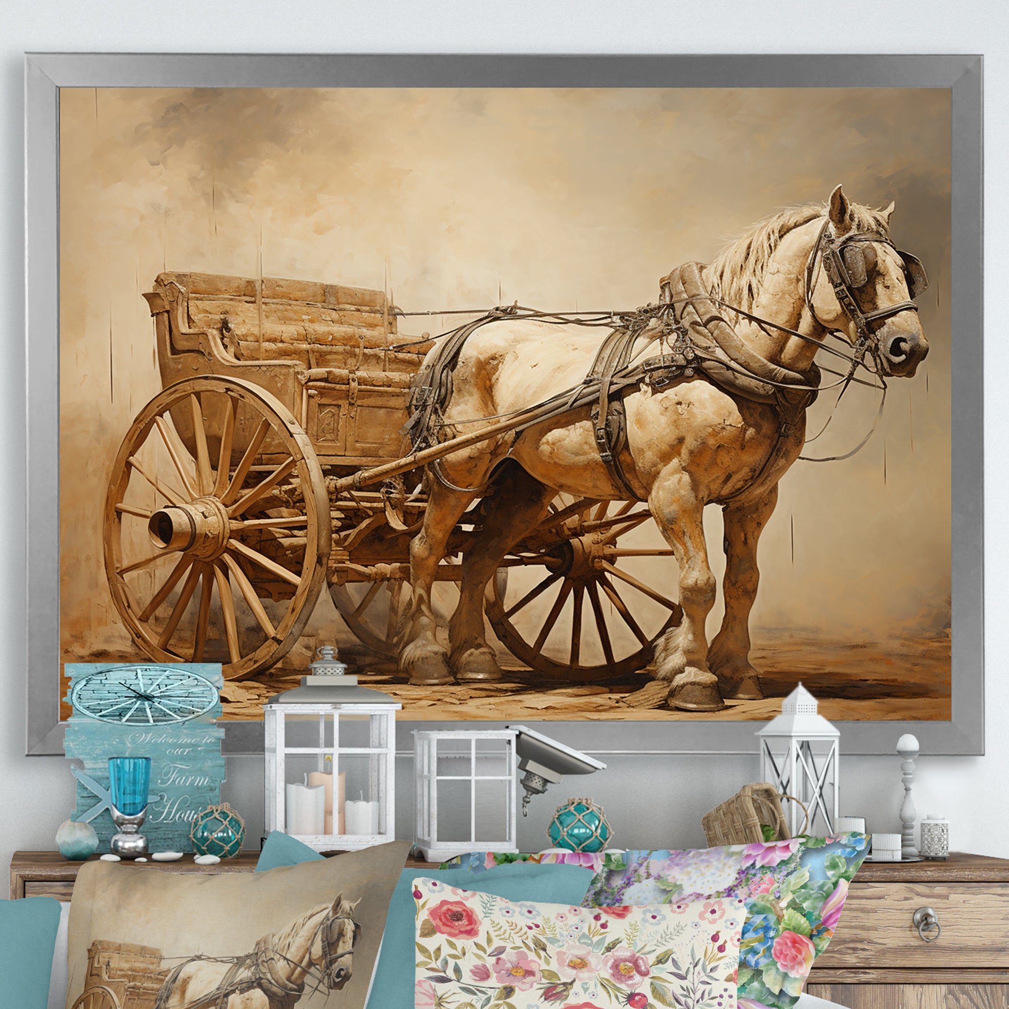 Minimalism Old American Cart With Horse - Old American Cart Canvas Wall Art