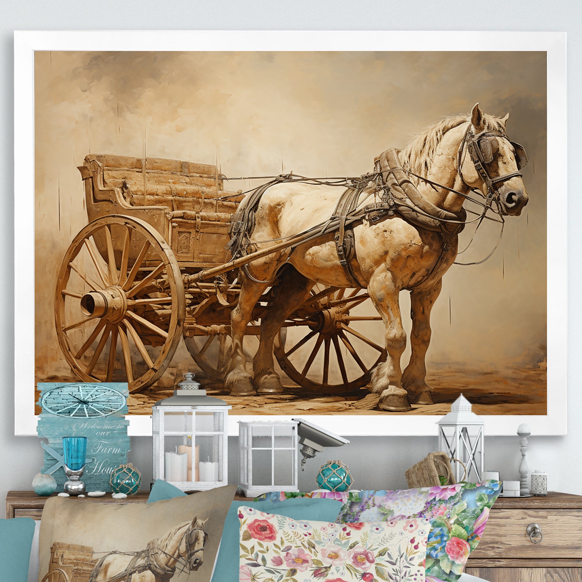 Minimalism Old American Cart With Horse - Old American Cart Canvas Wall Art