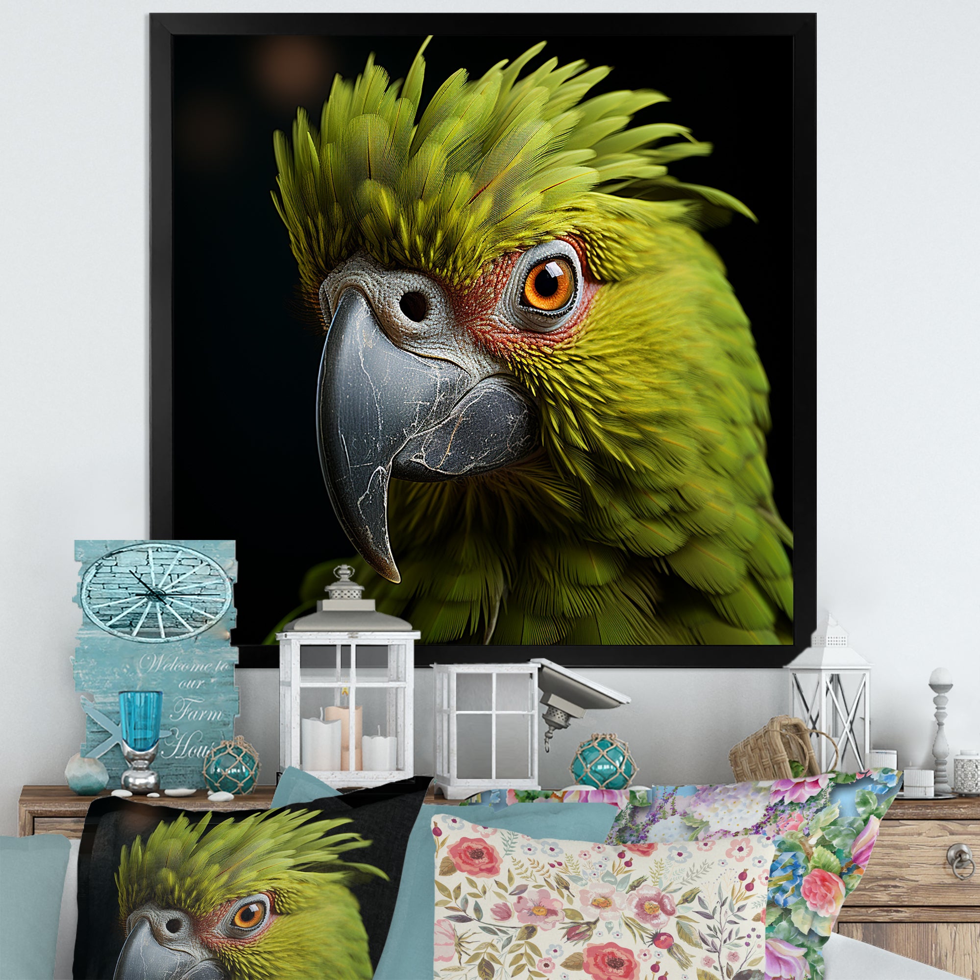 Green Eternal Feathered Vibrance - Parrot Framed Canvas Art