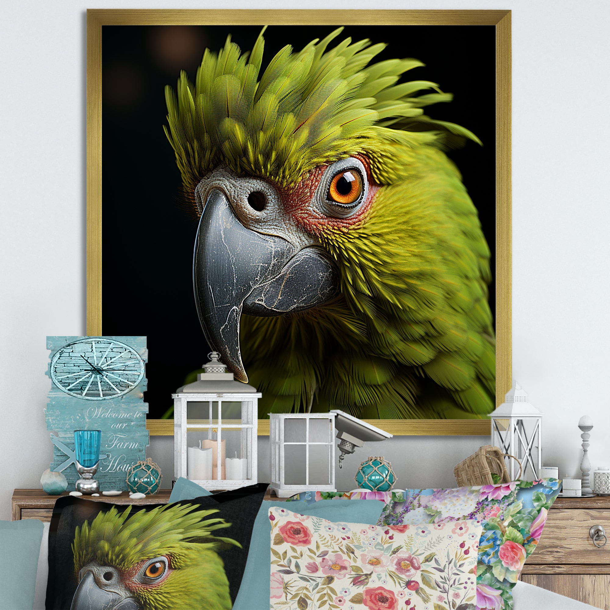 Green Eternal Feathered Vibrance - Parrot Framed Canvas Art