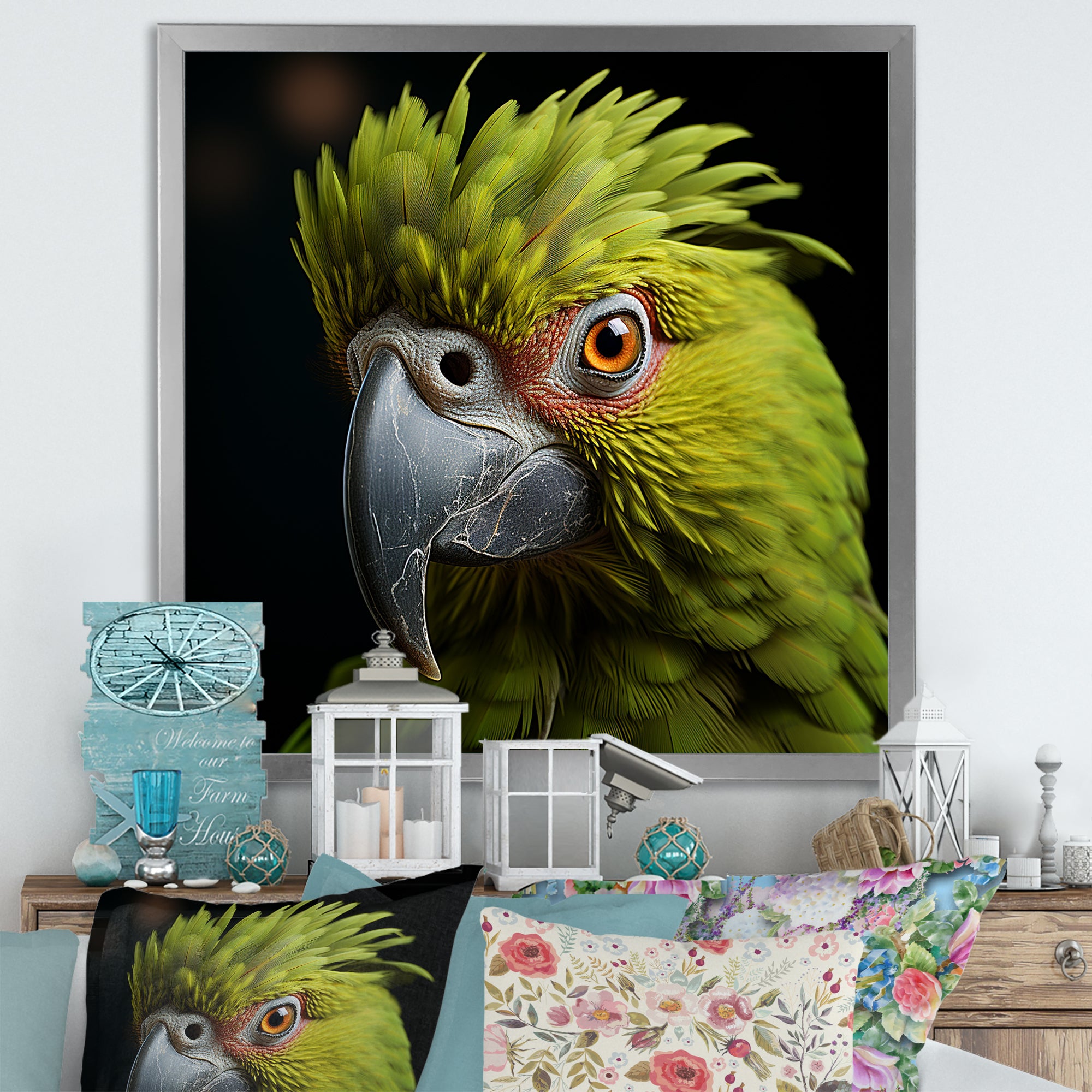 Green Eternal Feathered Vibrance - Parrot Framed Canvas Art