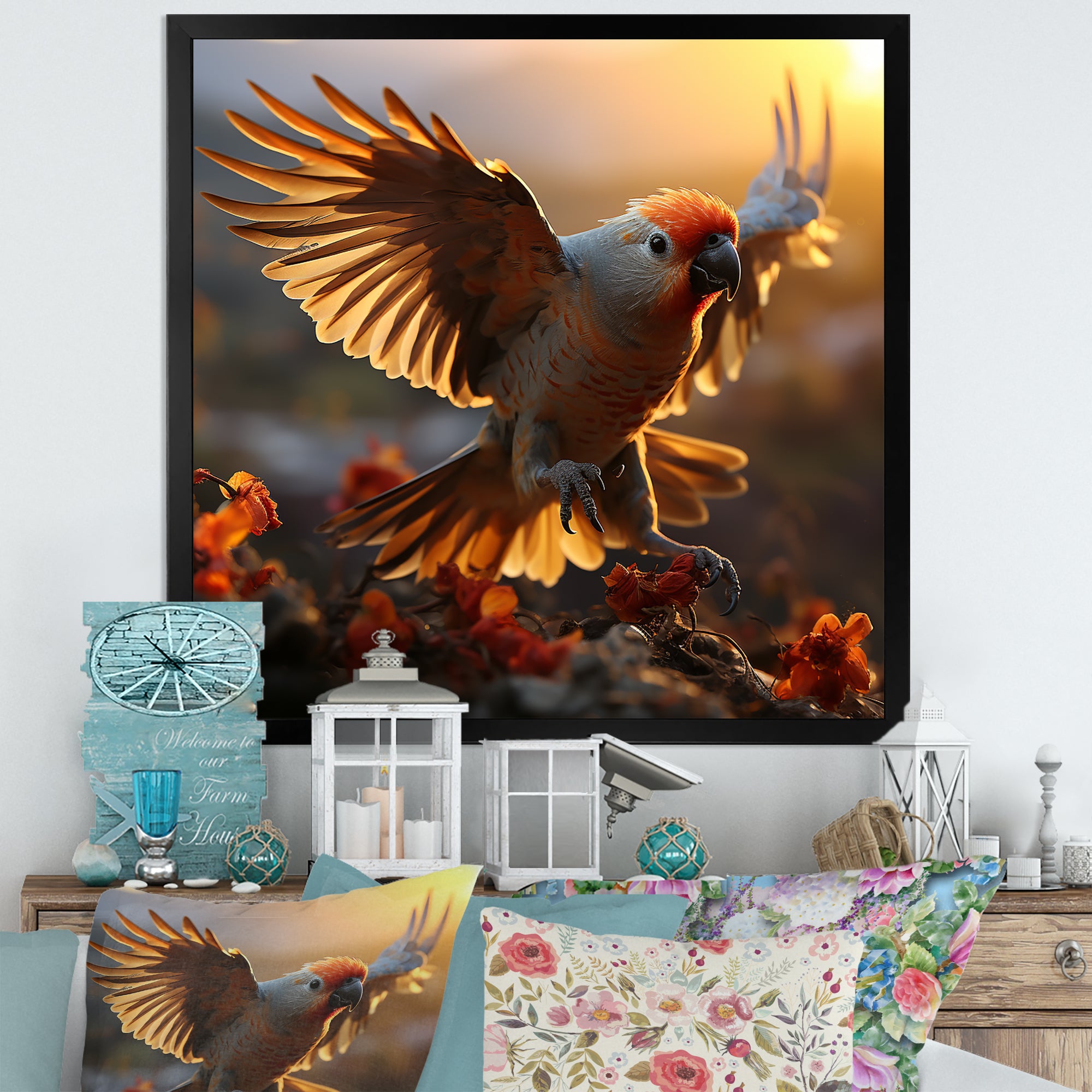Yellow Parrots Sunset Golden Flight - Parrot Canvas Wall Art