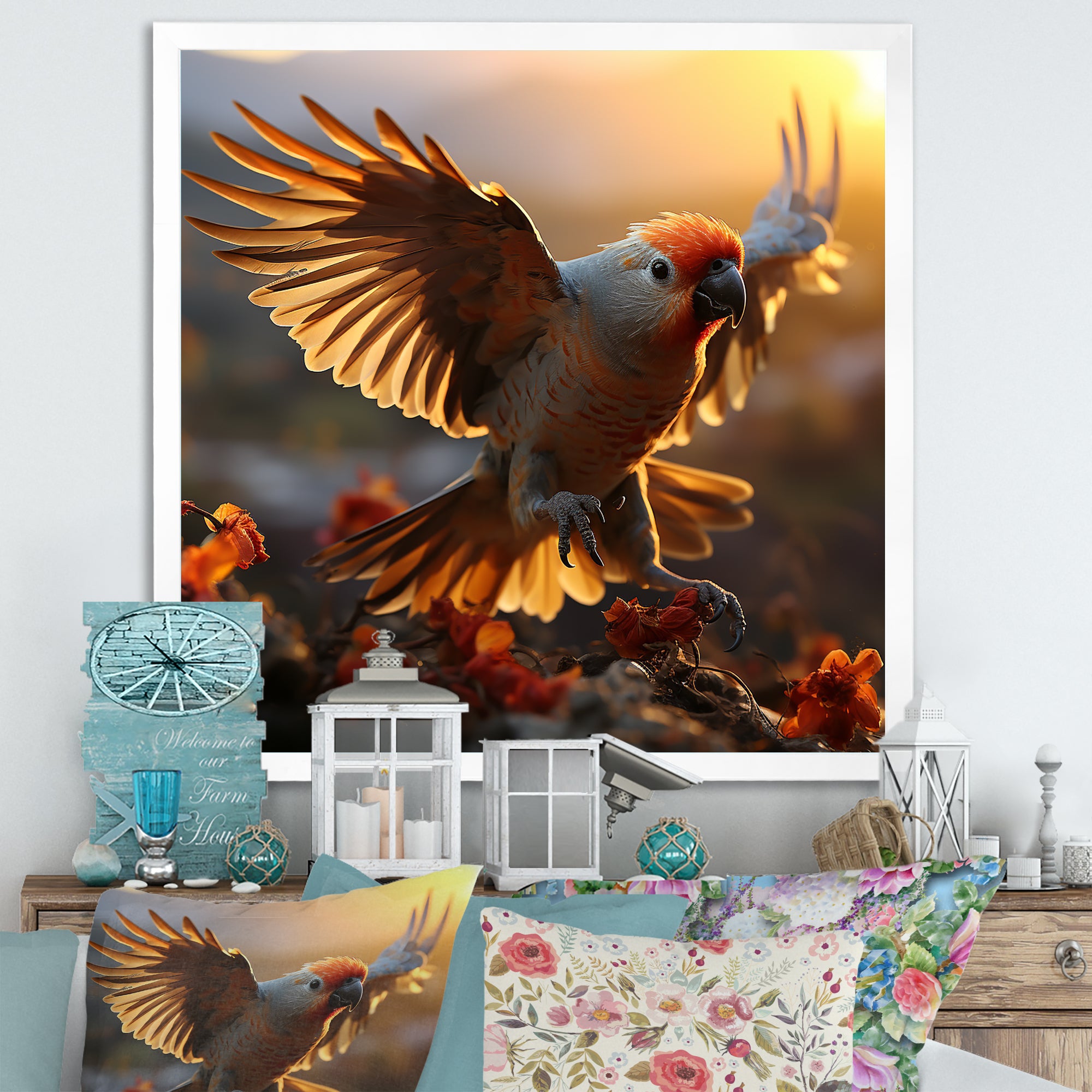 Yellow Parrots Sunset Golden Flight - Parrot Canvas Wall Art