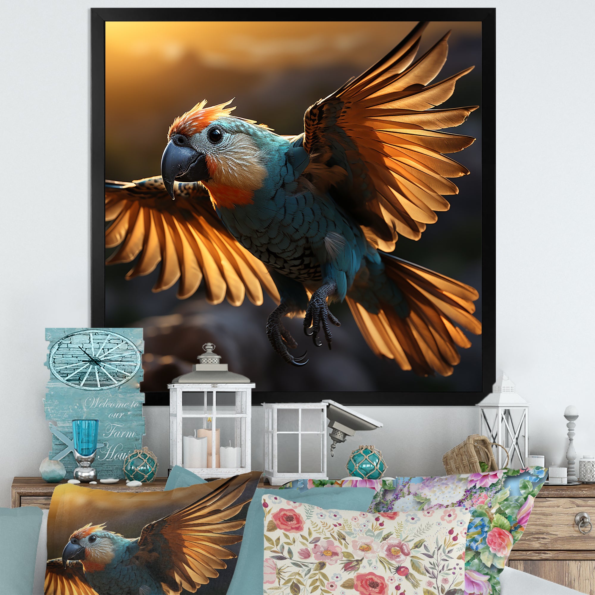 Blue Parrots Sunset Golden Flight - Parrot Wall Decor
