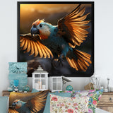 Blue Parrots Sunset Golden Flight - Parrot Wall Decor