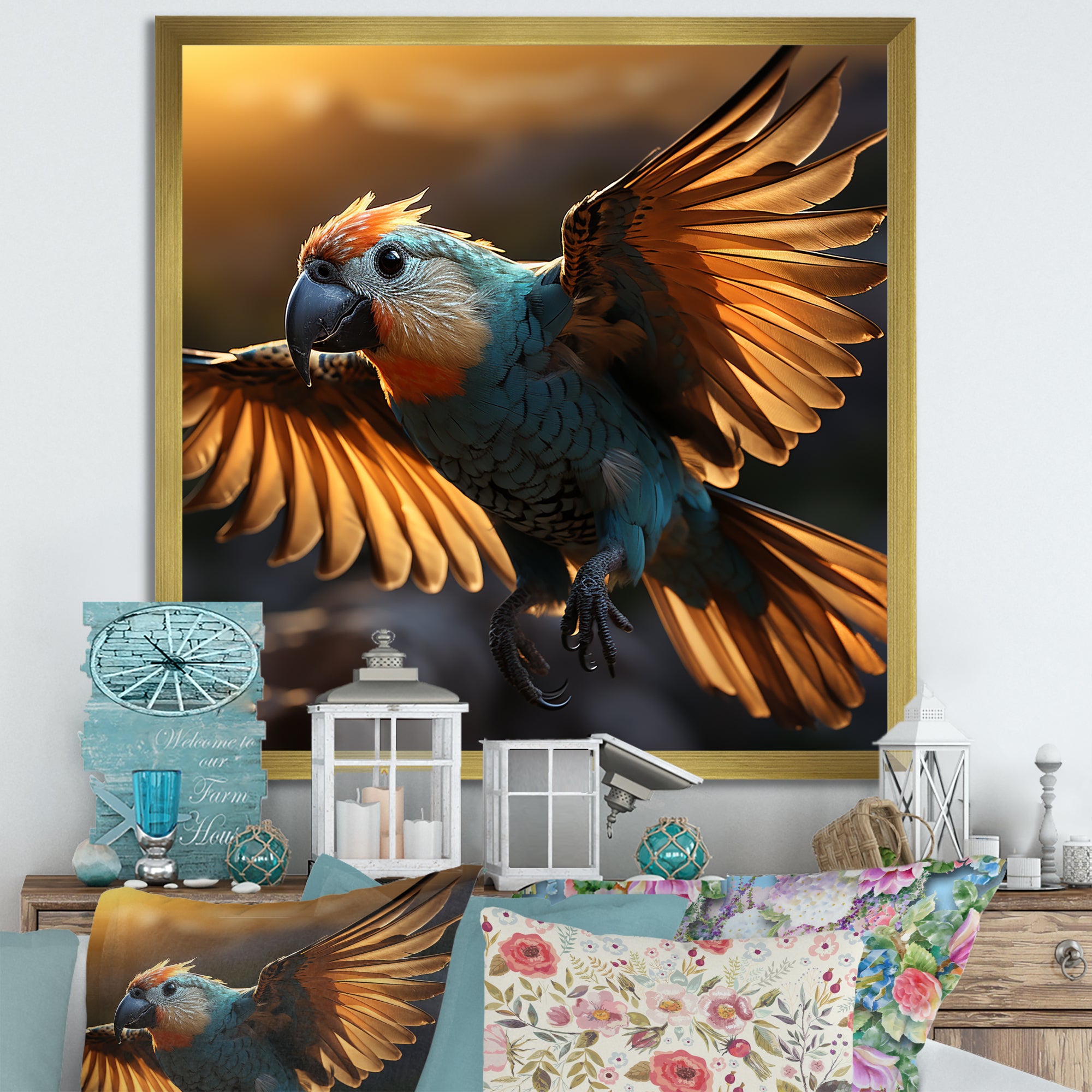 Blue Parrots Sunset Golden Flight - Parrot Wall Decor