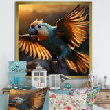 Blue Parrots Sunset Golden Flight - Parrot Wall Decor