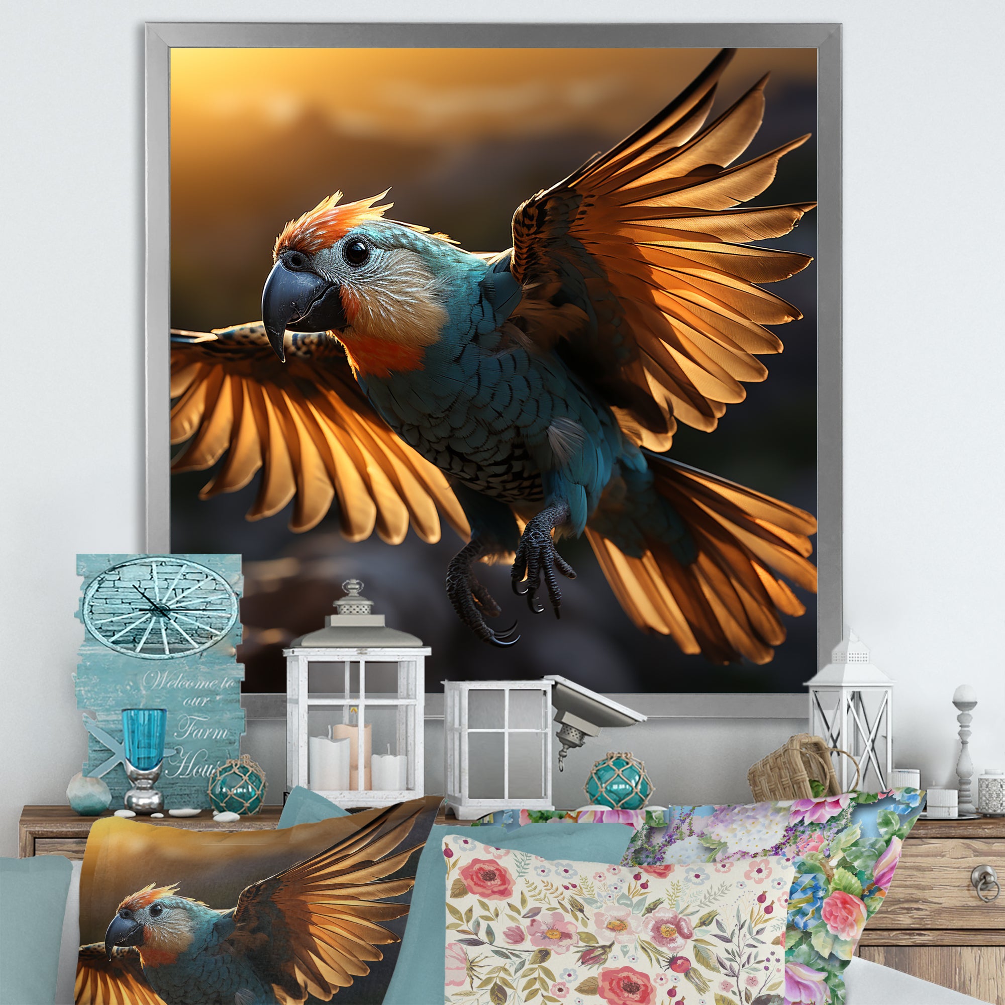 Blue Parrots Sunset Golden Flight - Parrot Wall Decor