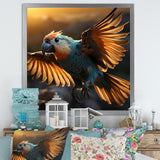 Blue Parrots Sunset Golden Flight - Parrot Wall Decor