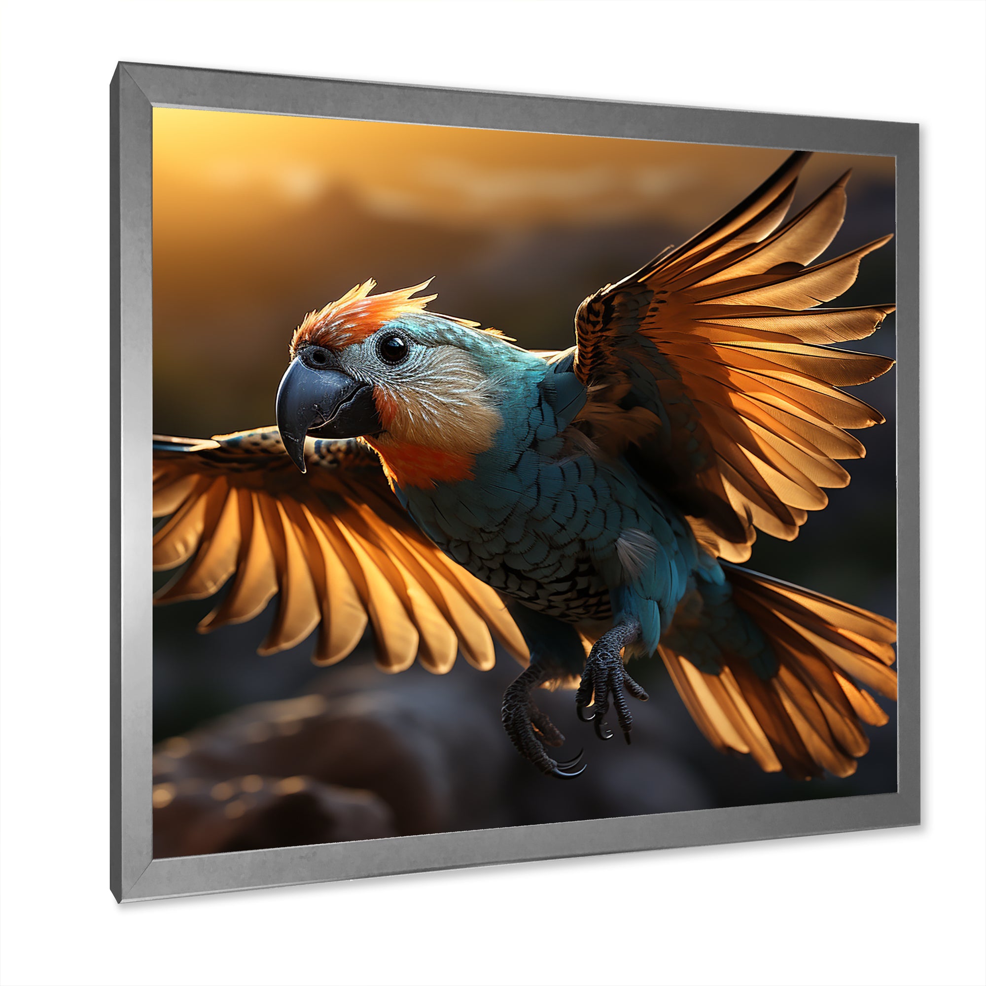 Blue Parrots Sunset Golden Flight - Parrot Wall Decor