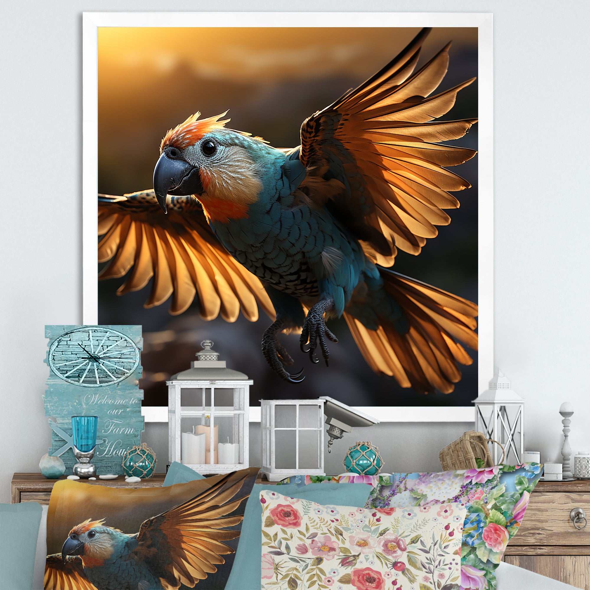 Blue Parrots Sunset Golden Flight - Parrot Wall Decor