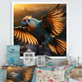 Blue Parrots Sunset Golden Flight - Parrot Wall Decor