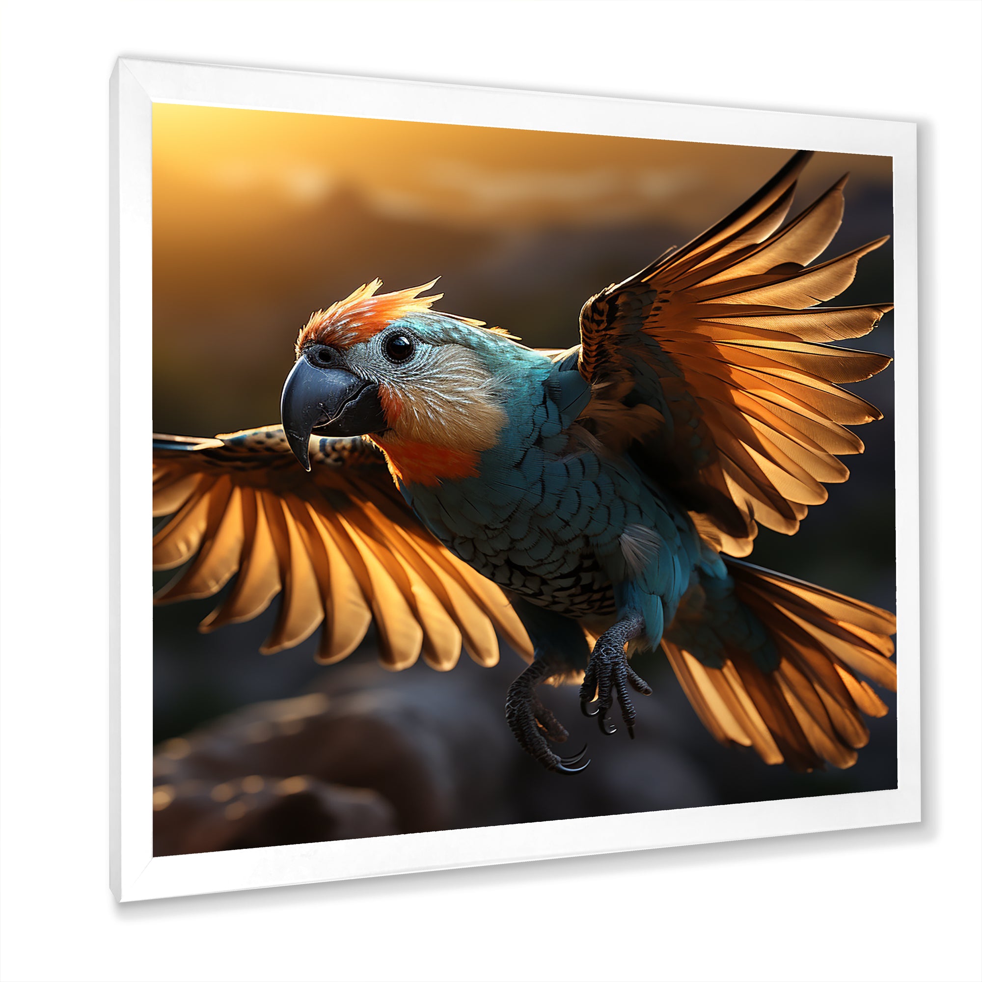 Blue Parrots Sunset Golden Flight - Parrot Wall Decor