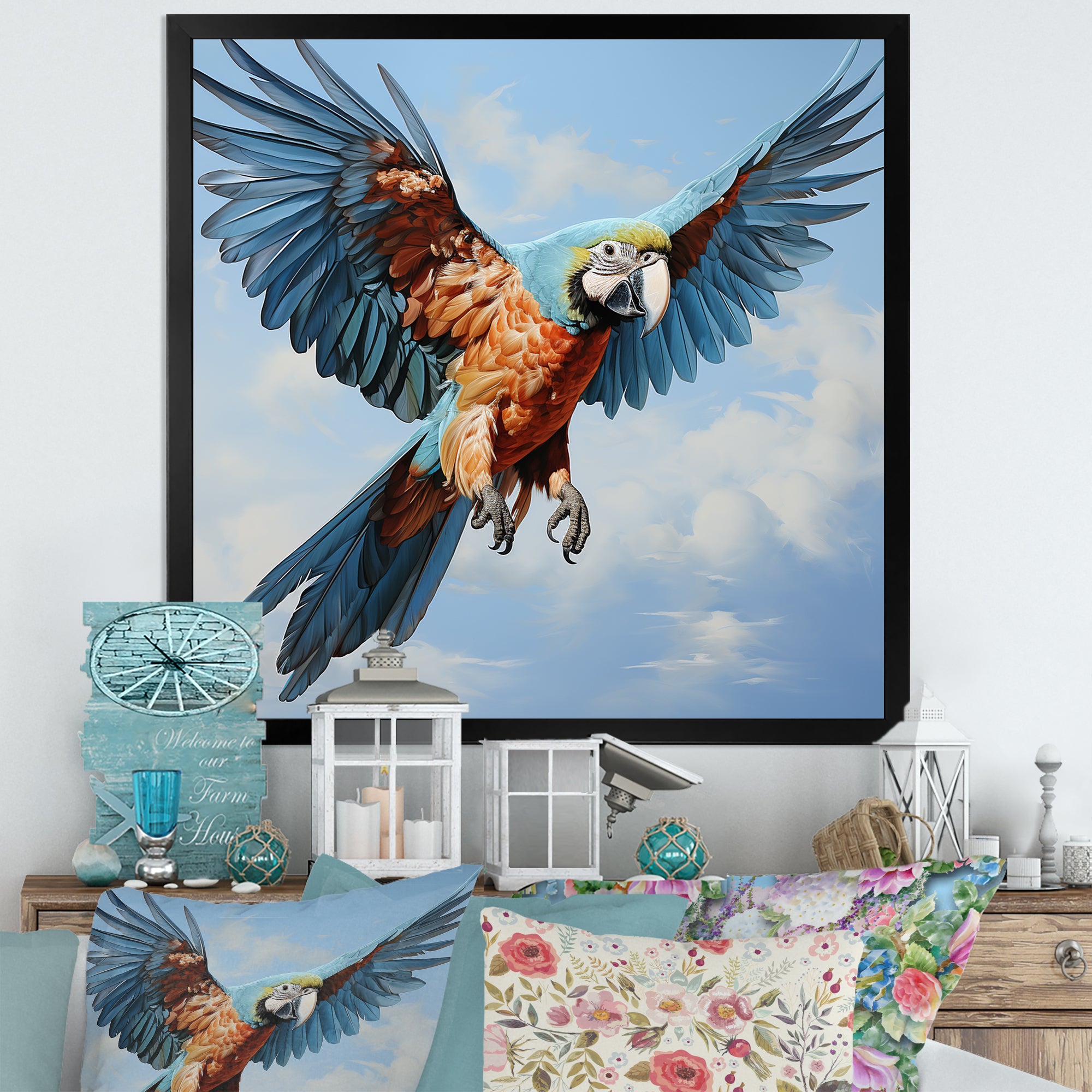 Parrots Harmony In Flight Elegance - Blue Parrot Wall Art