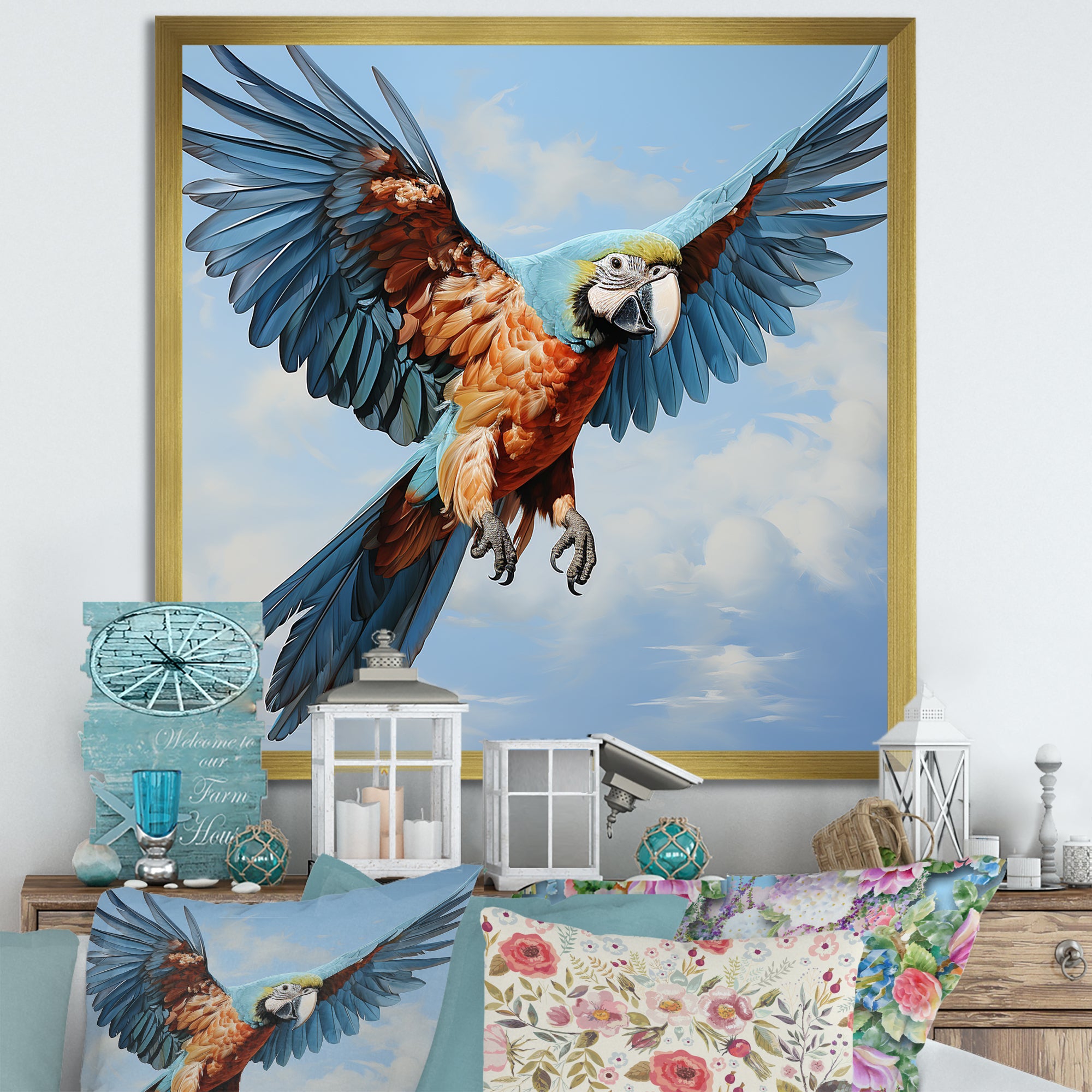 Parrots Harmony In Flight Elegance - Blue Parrot Wall Art