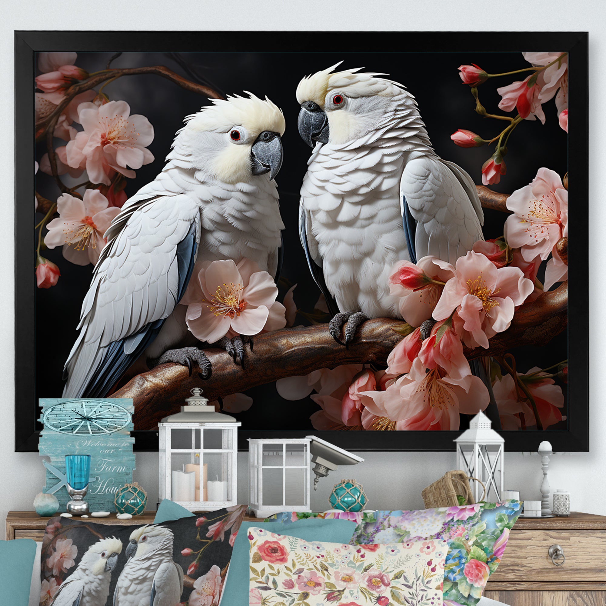 White Parrots Jungle Harmonics - Parrot Bedroom Wall Art