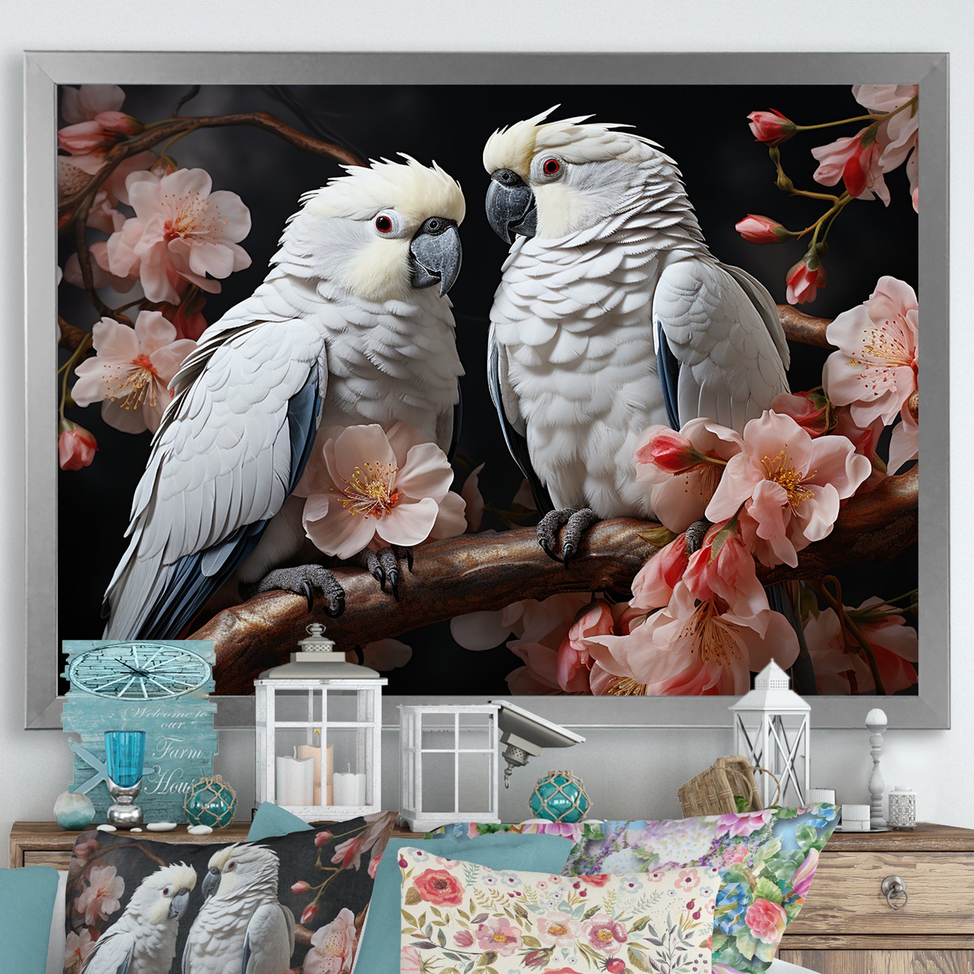 White Parrots Jungle Harmonics - Parrot Bedroom Wall Art