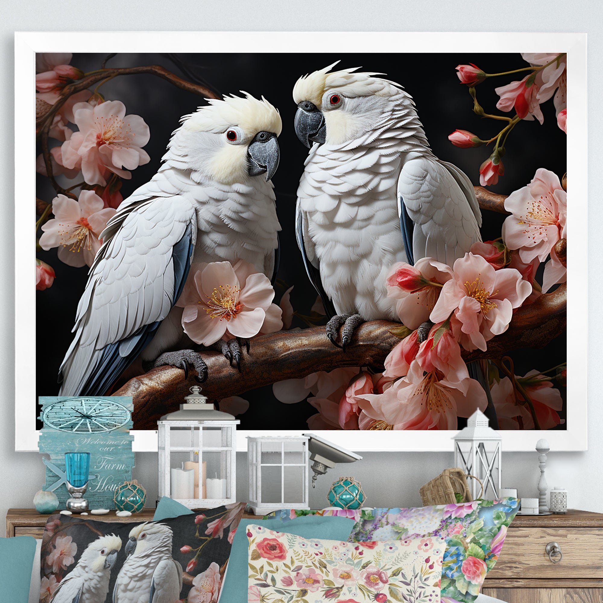 White Parrots Jungle Harmonics - Parrot Bedroom Wall Art