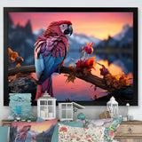 Red And Blue Parrots Radiant Plumage Sunset - Red Parrot Wall Art