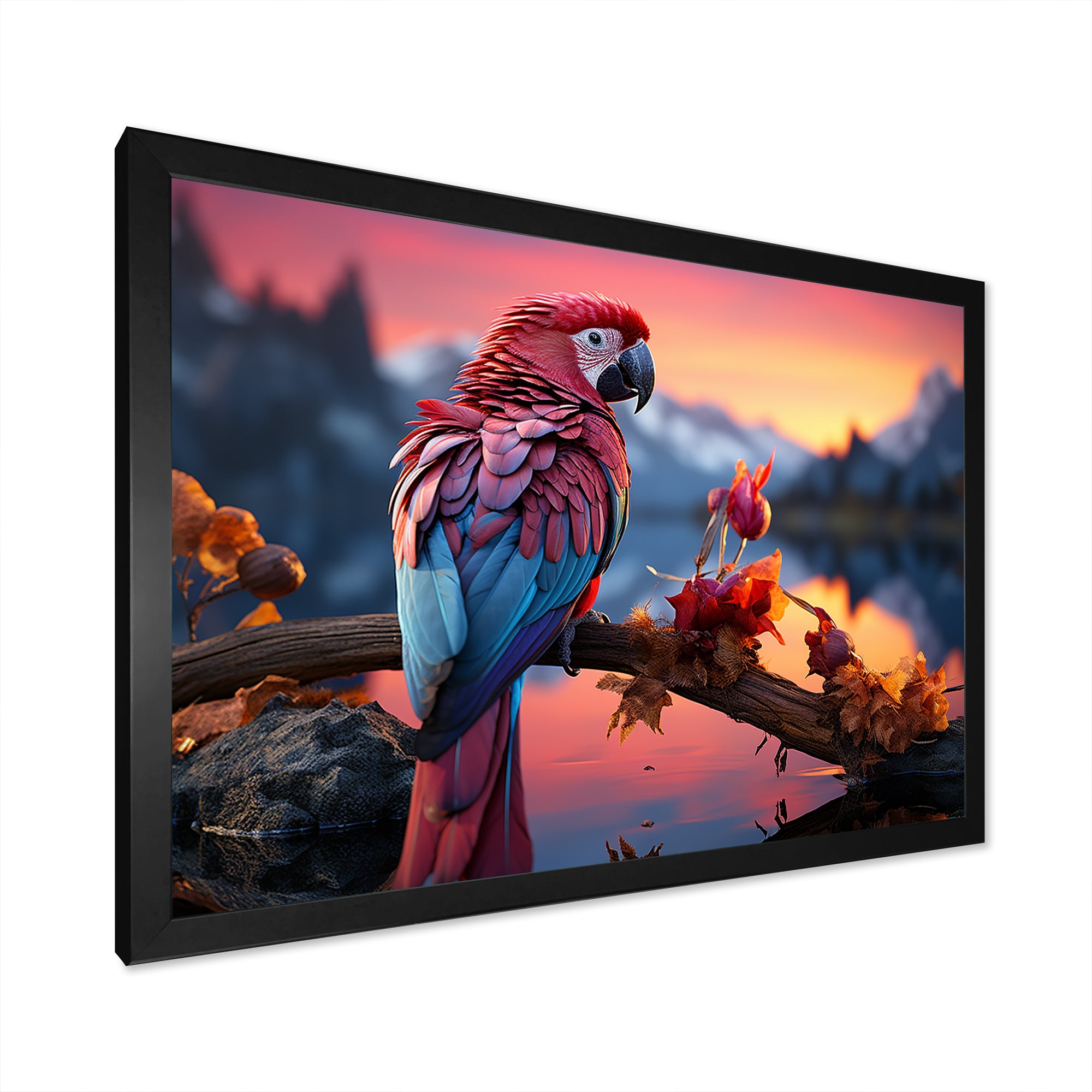 Red And Blue Parrots Radiant Plumage Sunset - Red Parrot Wall Art