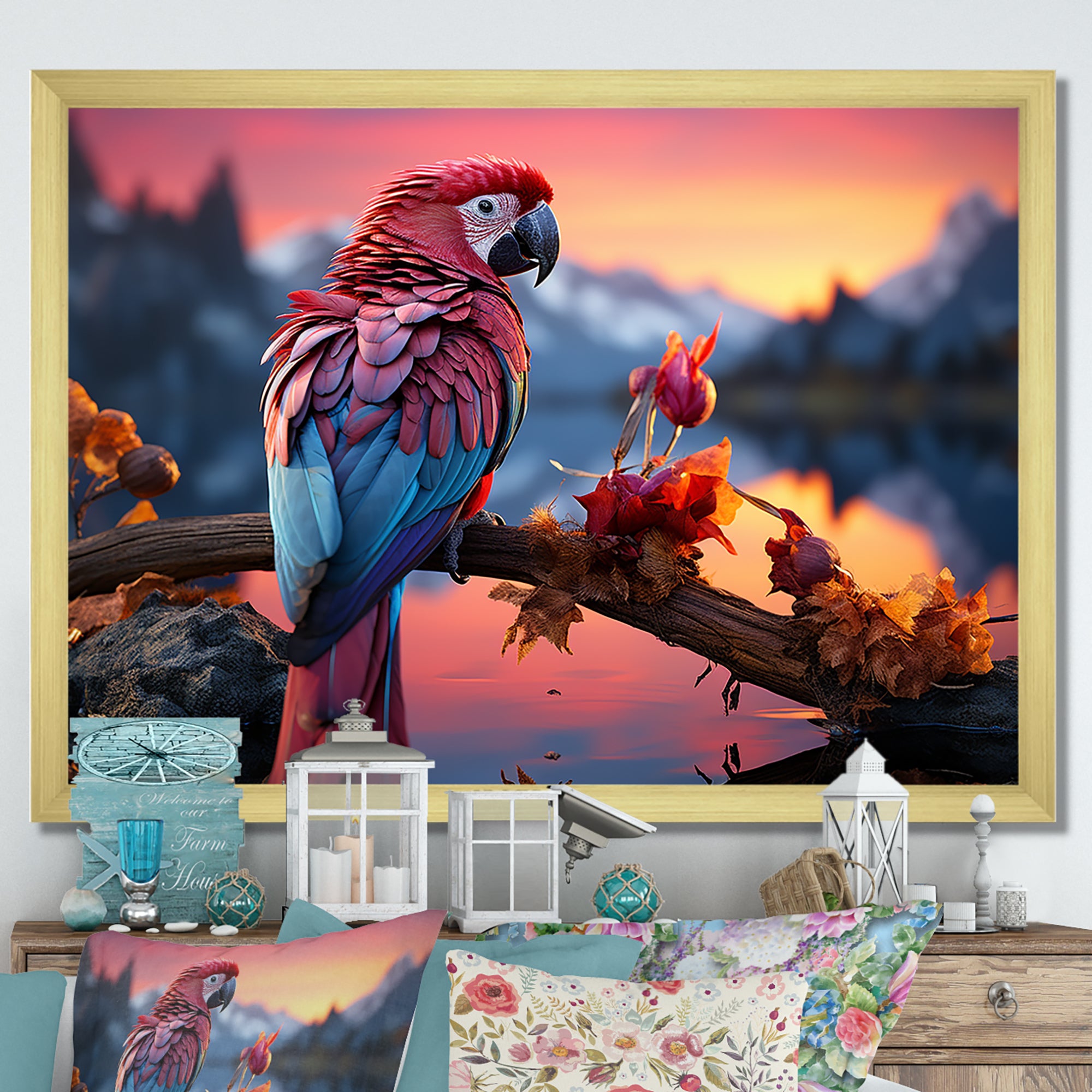 Red And Blue Parrots Radiant Plumage Sunset - Red Parrot Wall Art