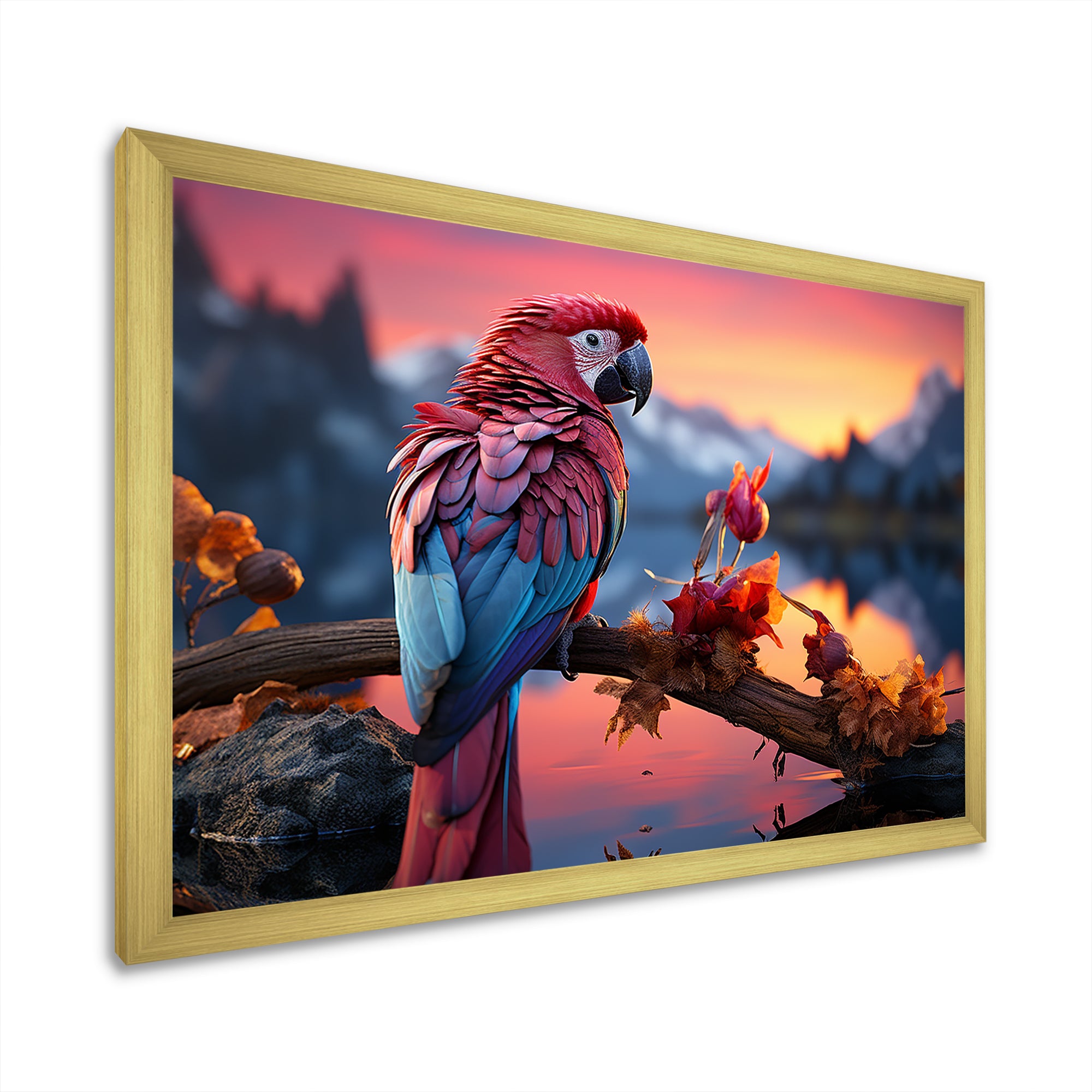 Red And Blue Parrots Radiant Plumage Sunset - Red Parrot Wall Art