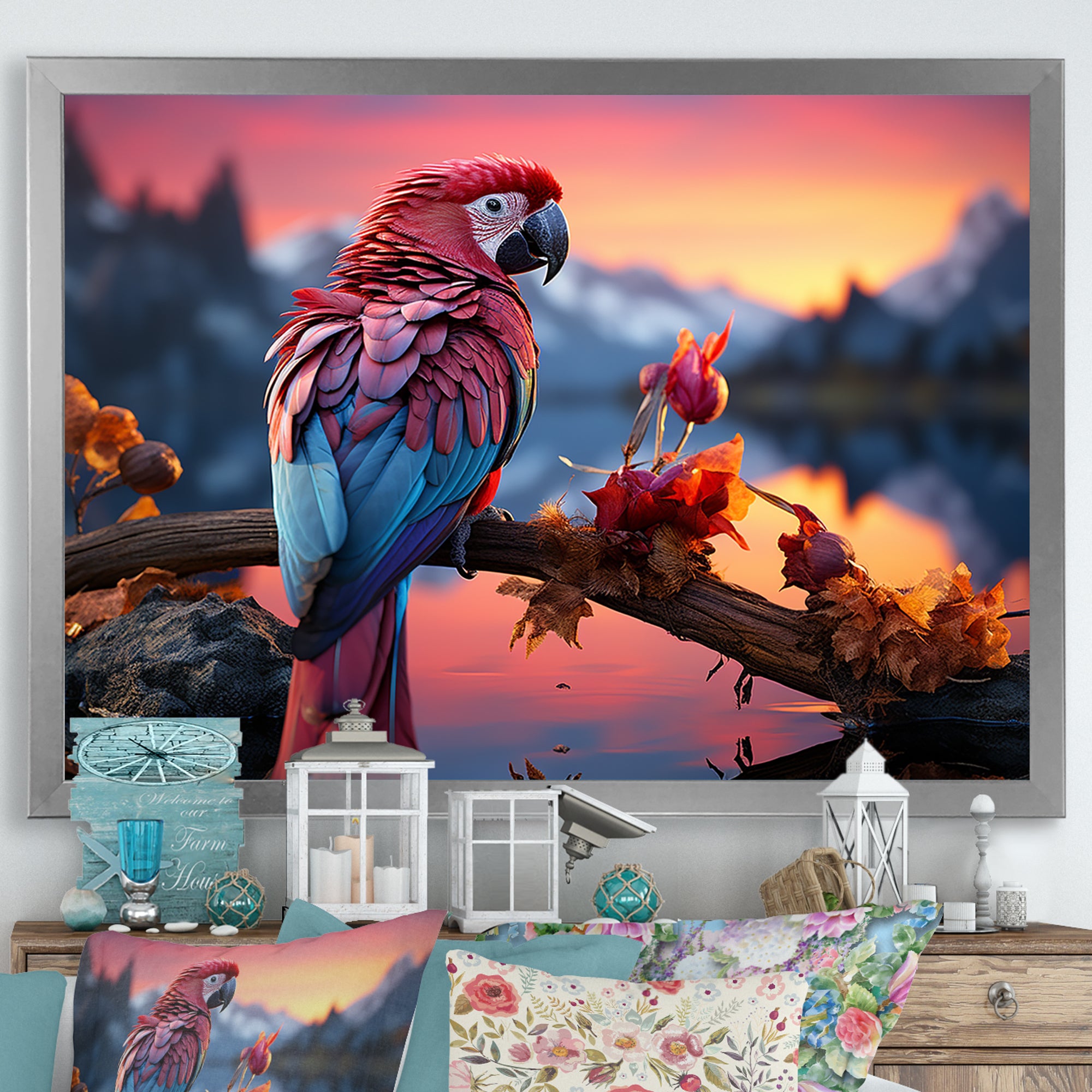 Red And Blue Parrots Radiant Plumage Sunset - Red Parrot Wall Art