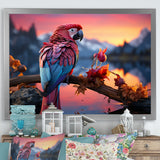 Red And Blue Parrots Radiant Plumage Sunset - Red Parrot Wall Art