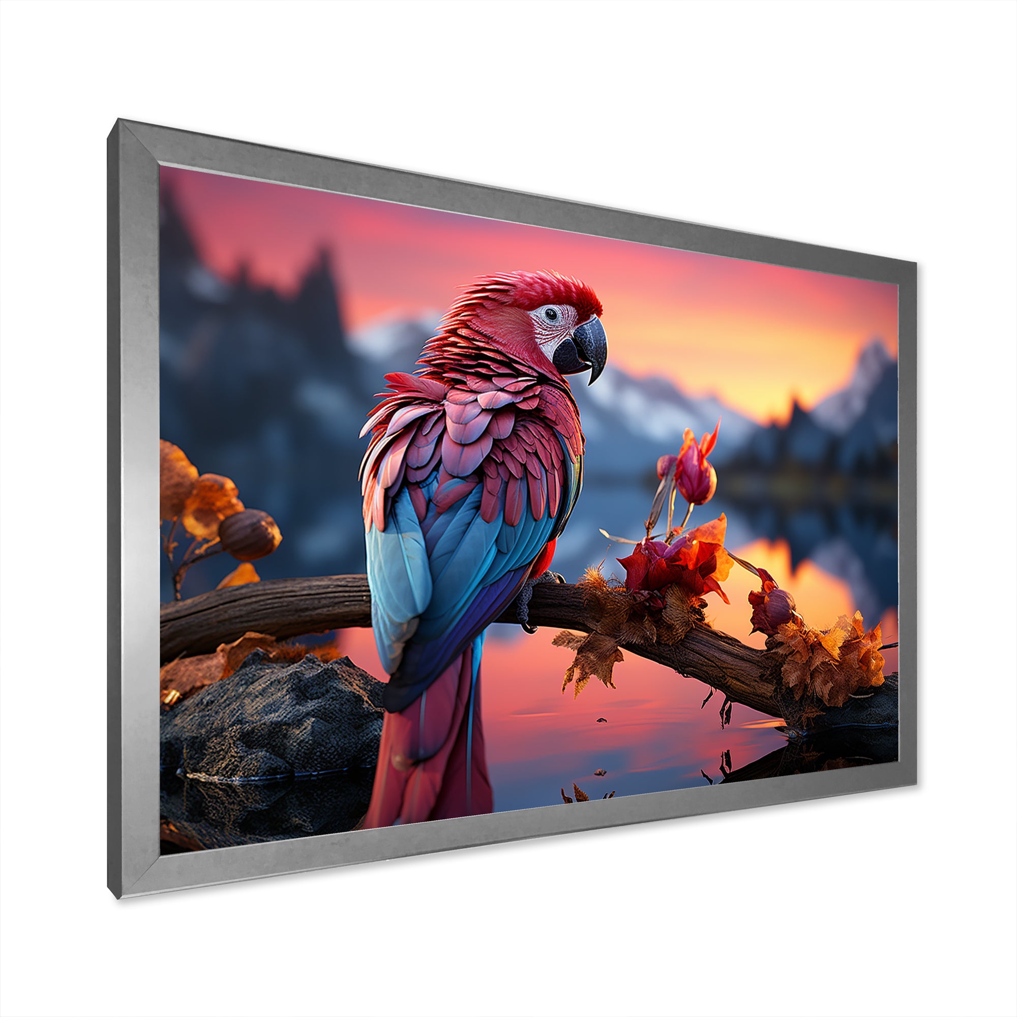 Red And Blue Parrots Radiant Plumage Sunset - Red Parrot Wall Art